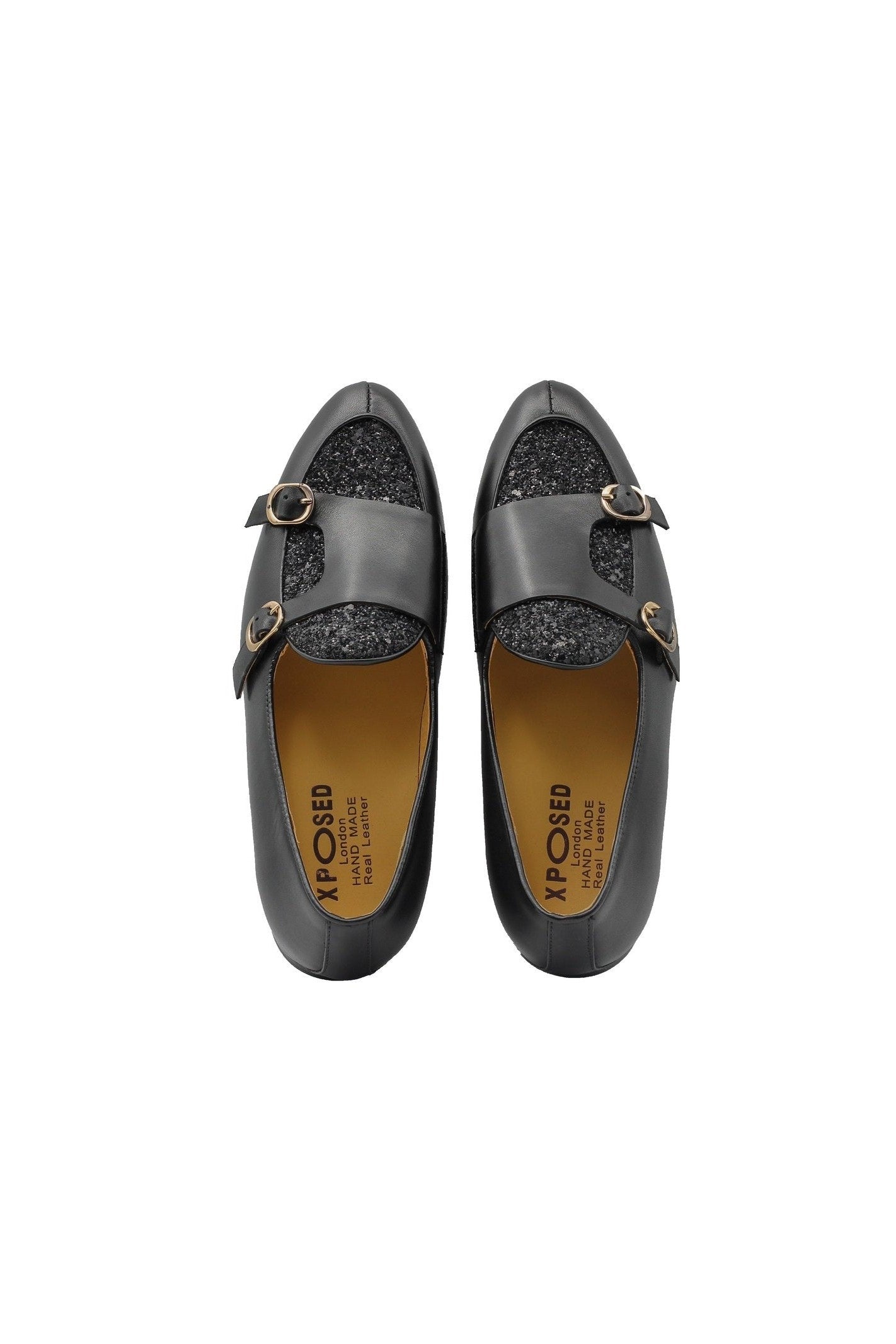BLACK SHINY GLITTER DOUBLE MONK SHOES