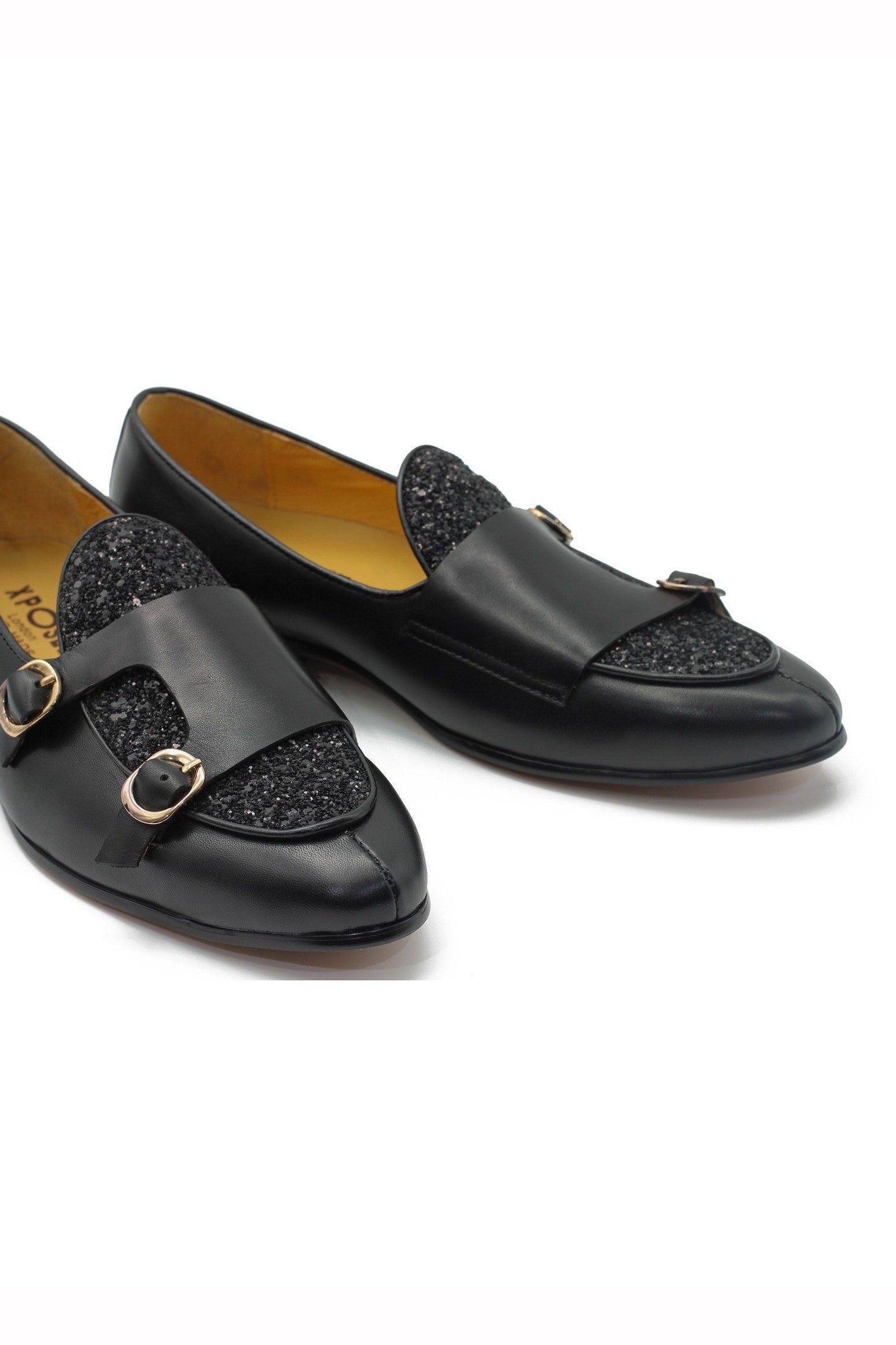 BLACK SHINY GLITTER DOUBLE MONK SHOES