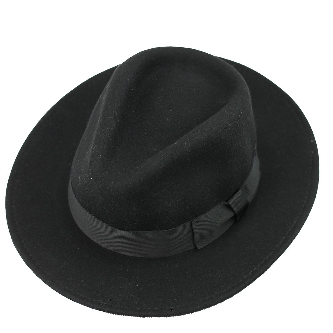 Black Crushable Fedora 100% Wool Wide Brim Hat