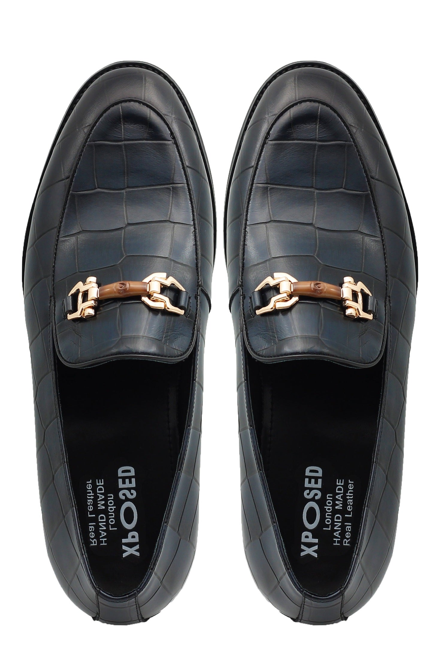 NAVY PRINTED GOLD BUCKLE LOAFERS