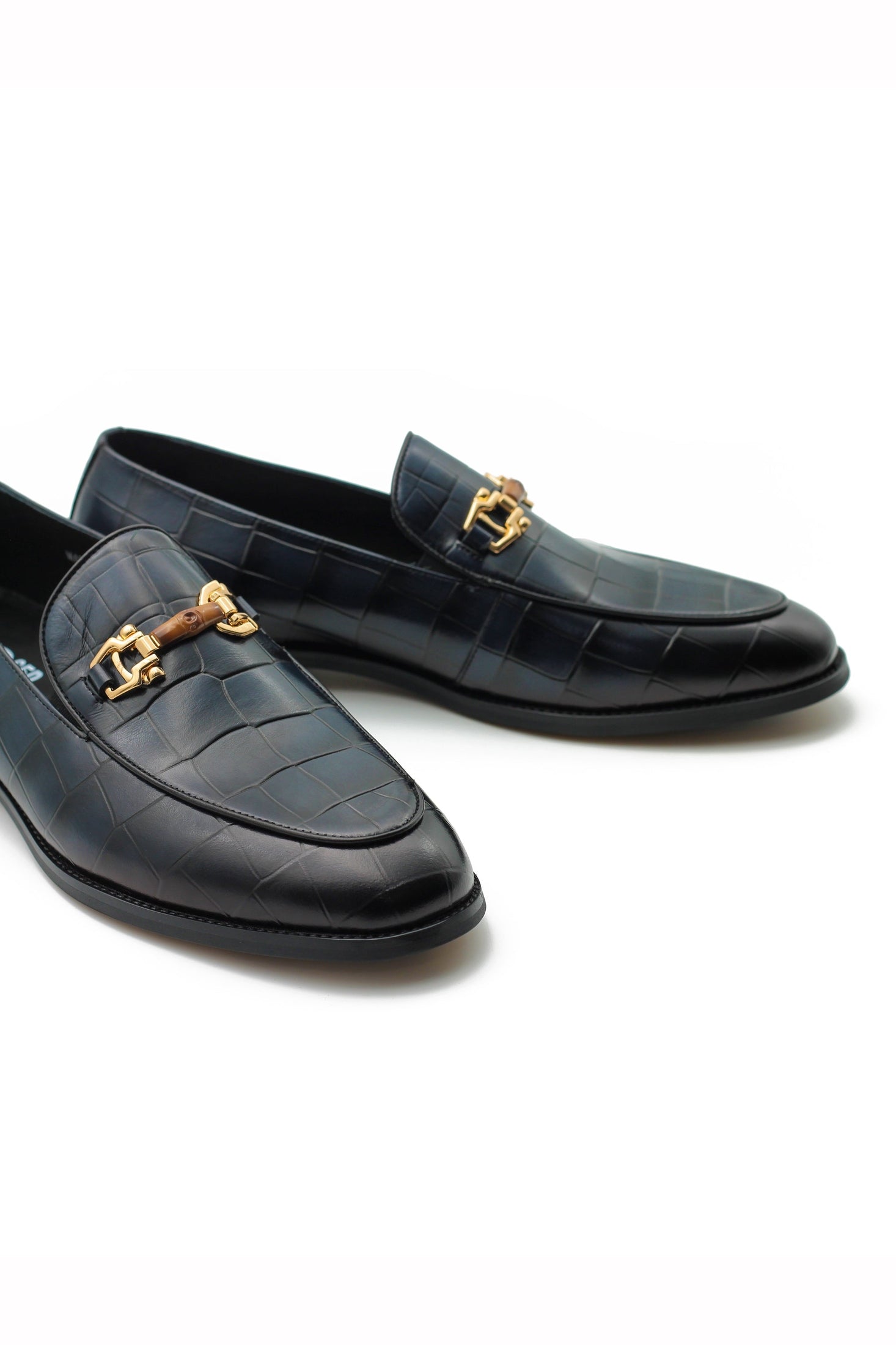 NAVY PRINTED GOLD BUCKLE LOAFERS