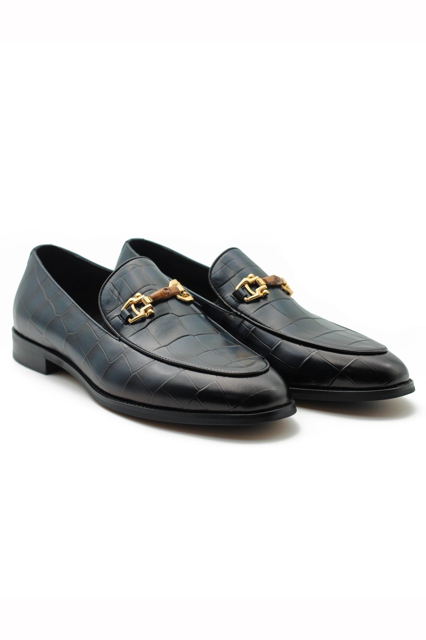NAVY PRINTED GOLD BUCKLE LOAFERS
