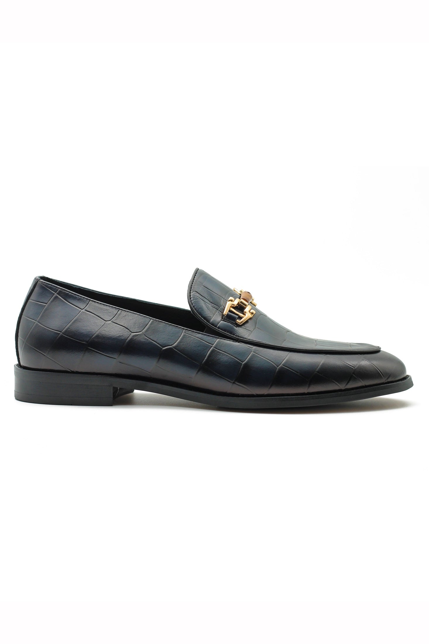 NAVY PRINTED GOLD BUCKLE LOAFERS