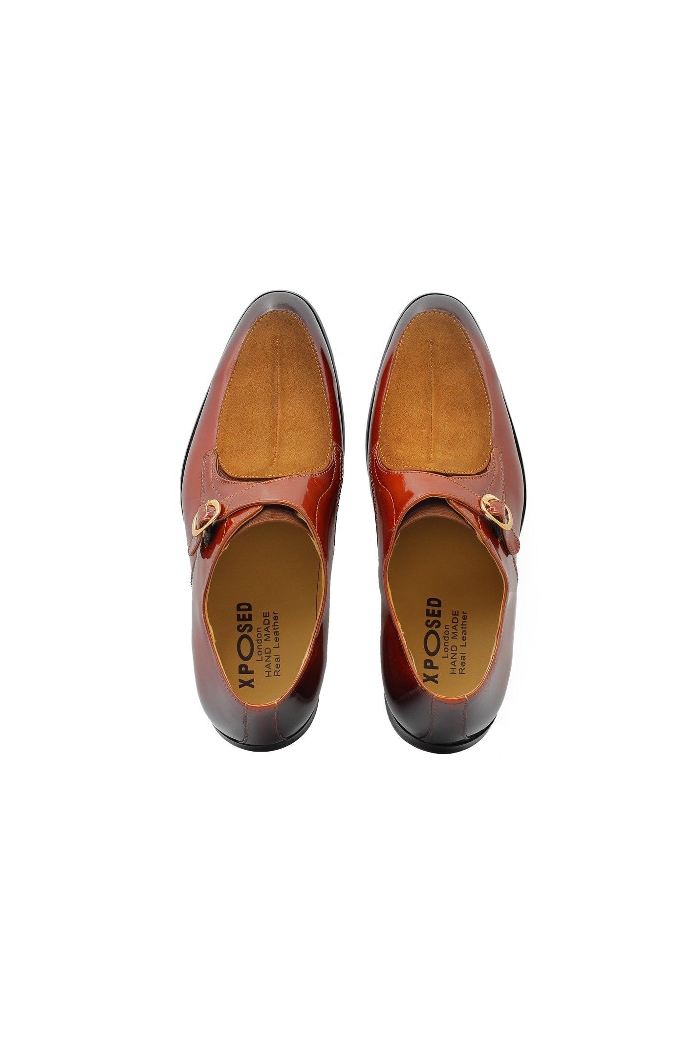 BROWN PATENT LEATHER & SUEDE SINGLE MONK SHOES