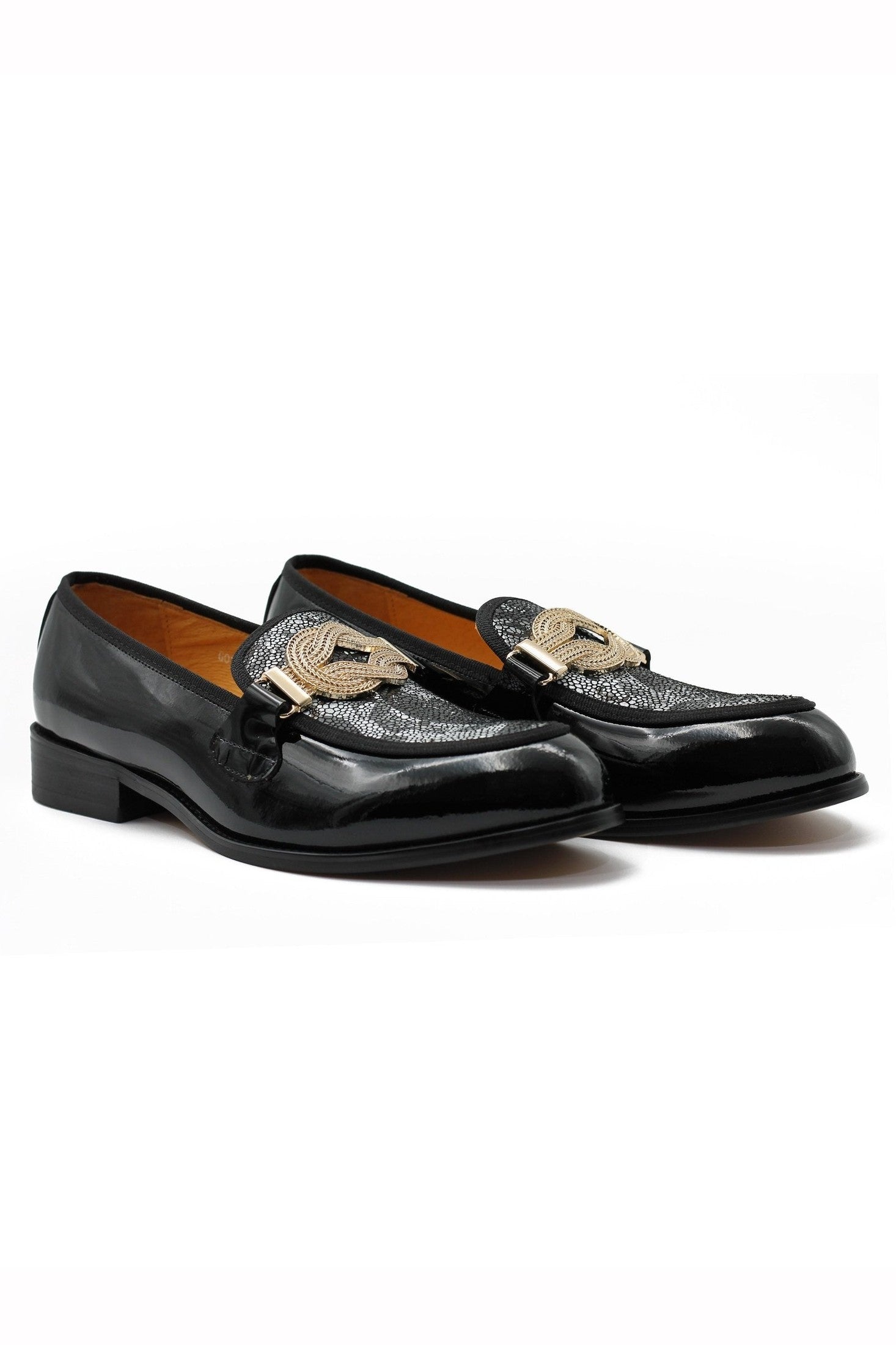 BLACK PATENT GOLD BUCKLE PARTY LOAFER