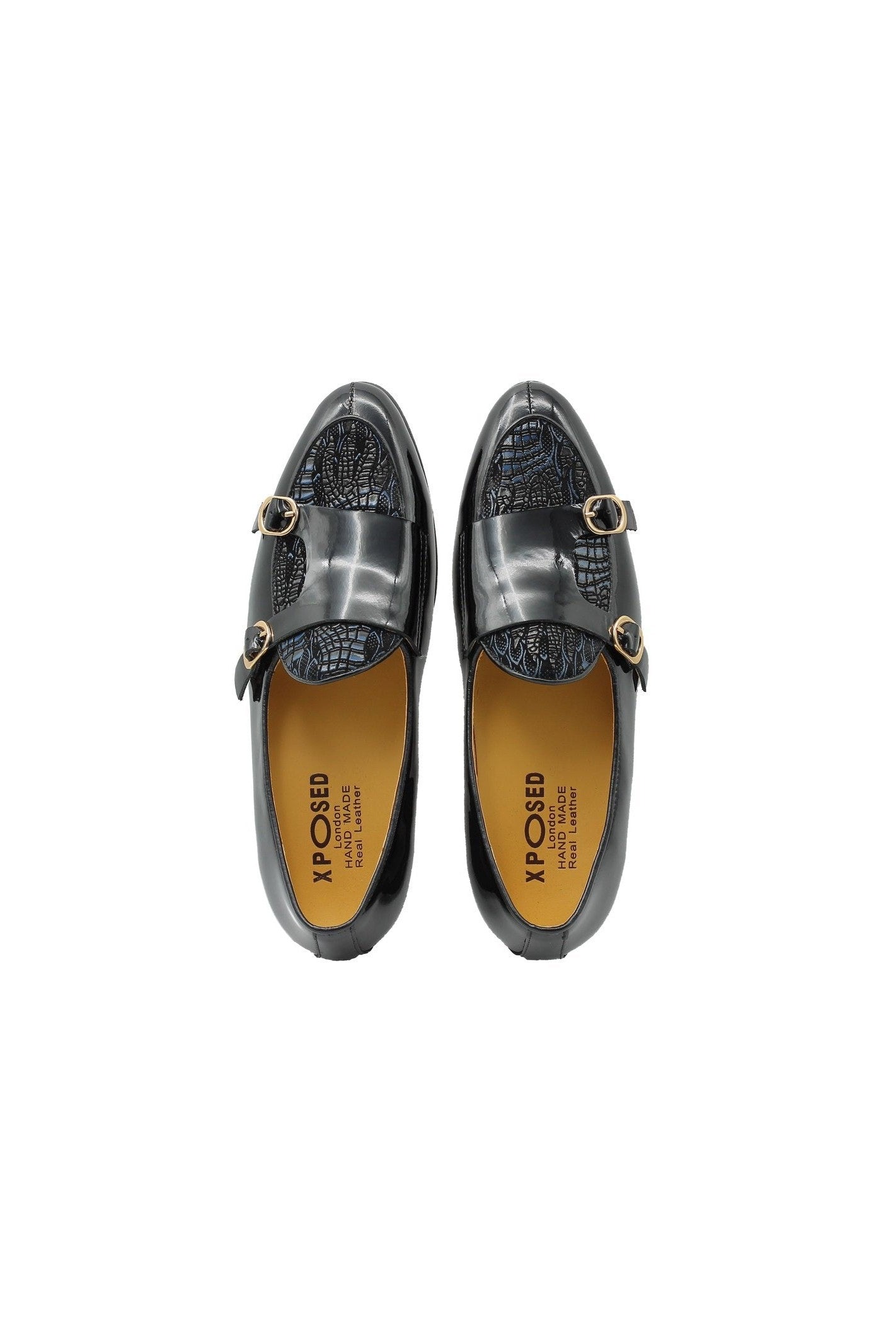 BLACK SHINY BLUE PRINTED DOUBLE MONK SHOES