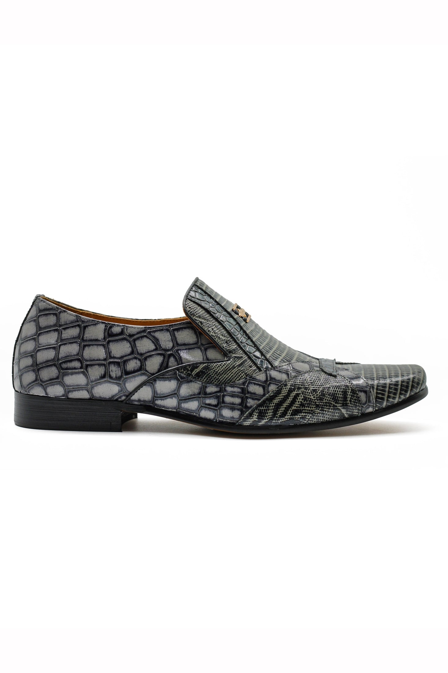 Shiny Printed Real Leather Shoes in Grey Black