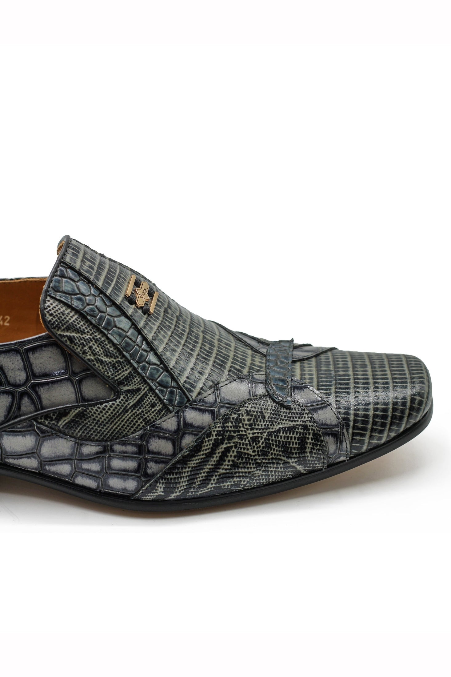 Shiny Printed Real Leather Shoes in Grey Black