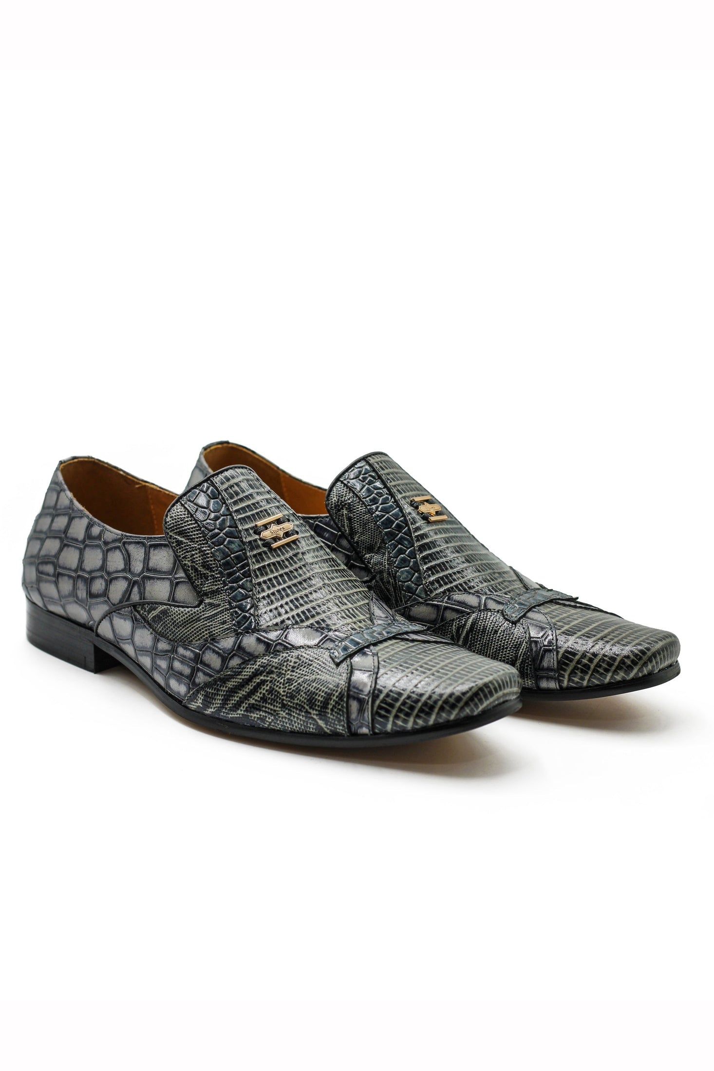 Shiny Printed Real Leather Shoes in Grey Black