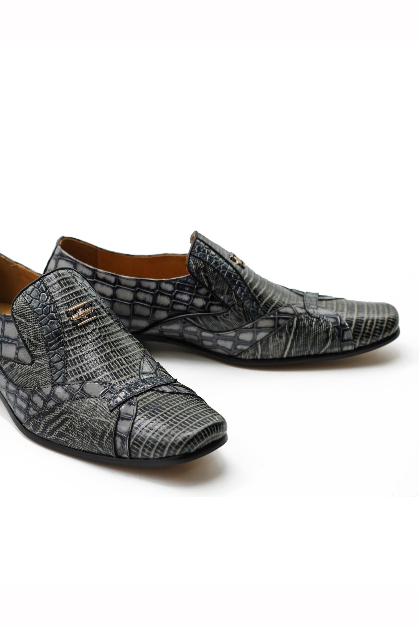Shiny Printed Real Leather Shoes in Grey Black