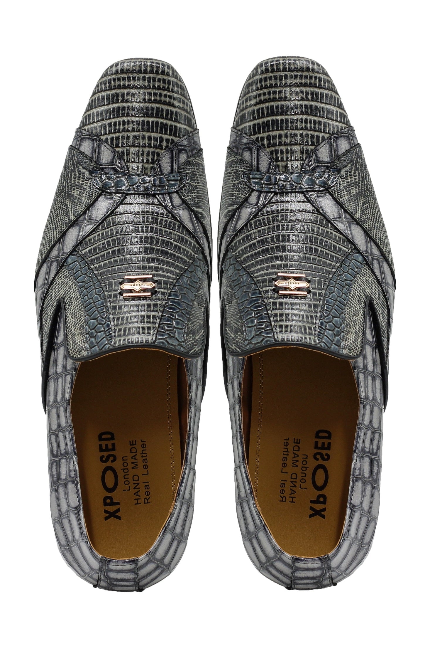 Shiny Printed Real Leather Shoes in Grey Black