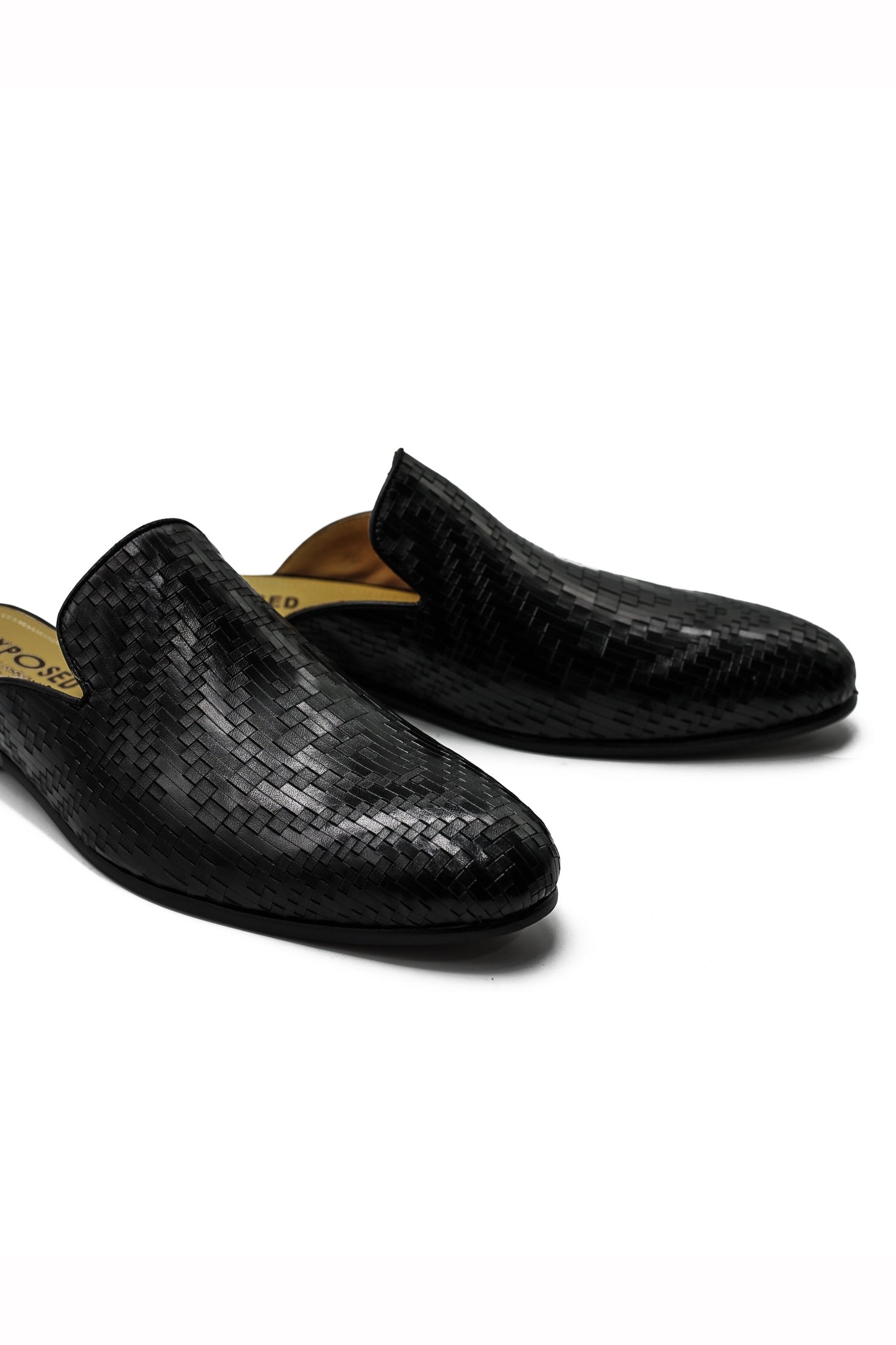 Black Woven Embossed Leather Half Mules