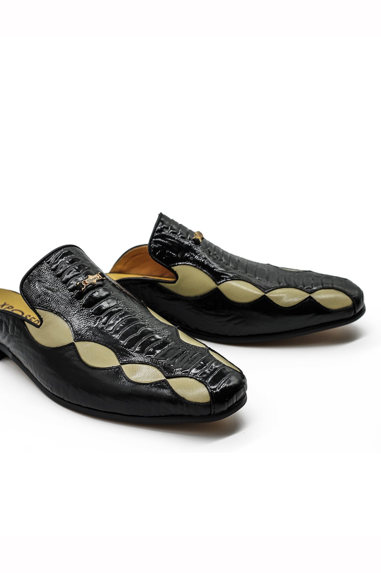 Black Cream Real Leather Half Shoes Detailed Printed