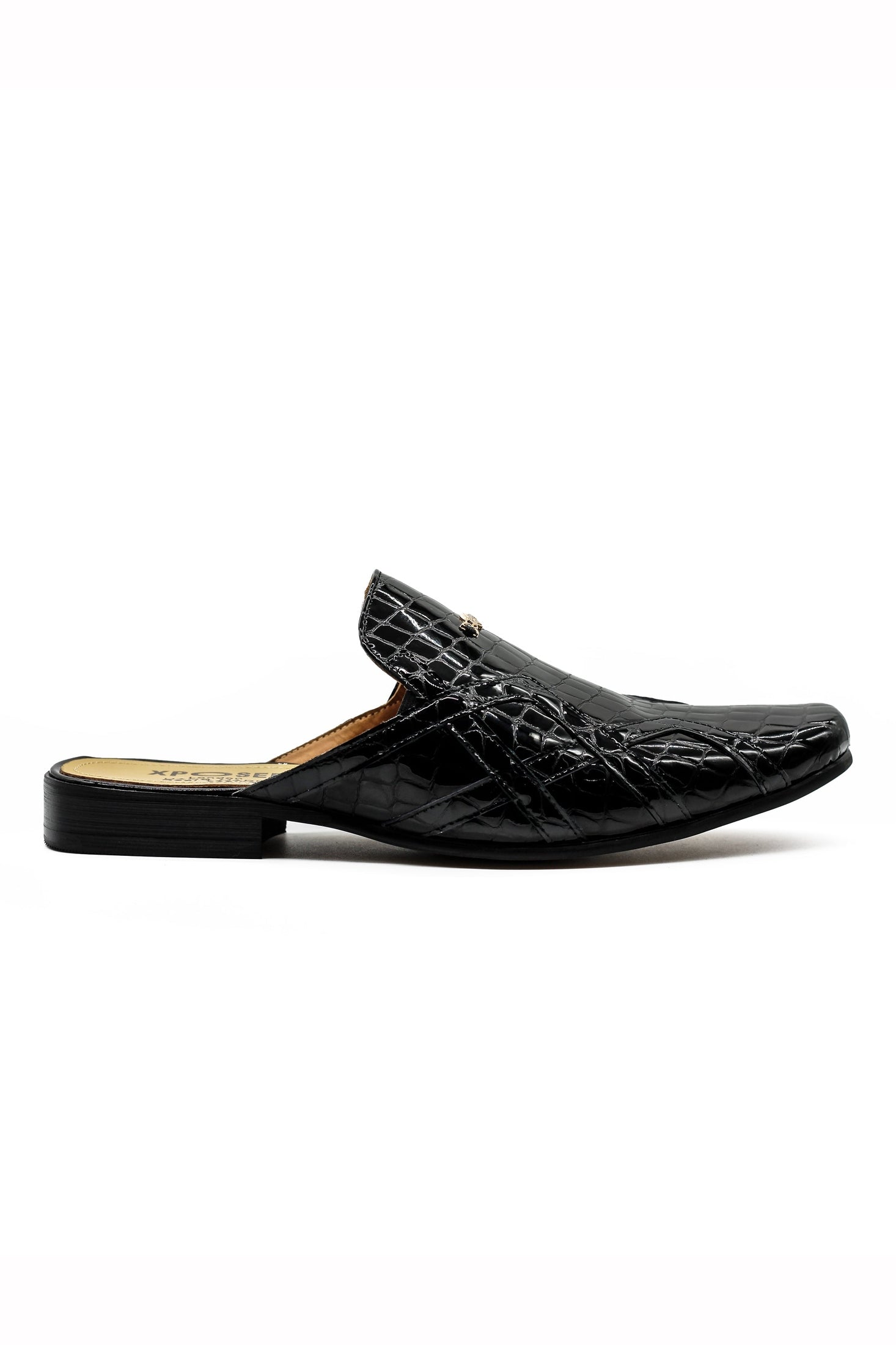 Black Shiny Patent Real Leather Printed Half Shoes