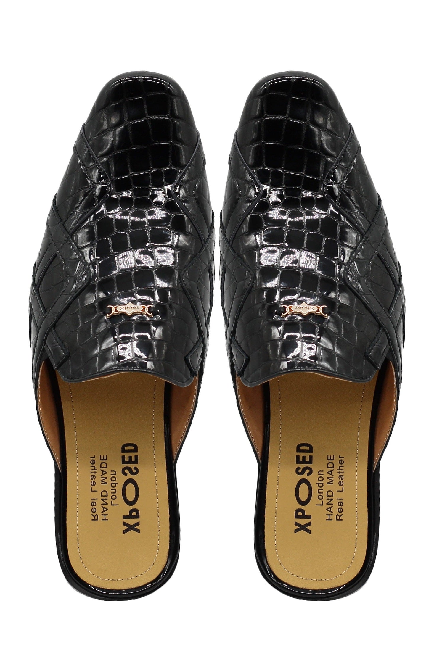 Black Shiny Patent Real Leather Printed Half Shoes