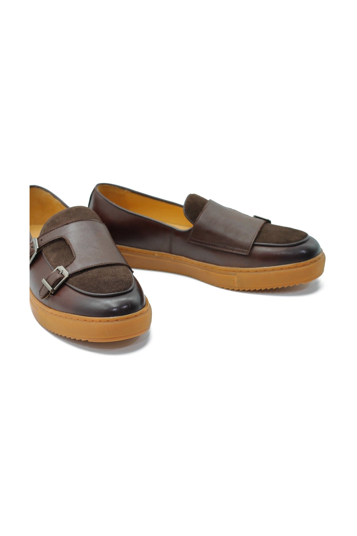 BROWN LEATHER & SUEDE DOUBLE MONK SNEAKERS