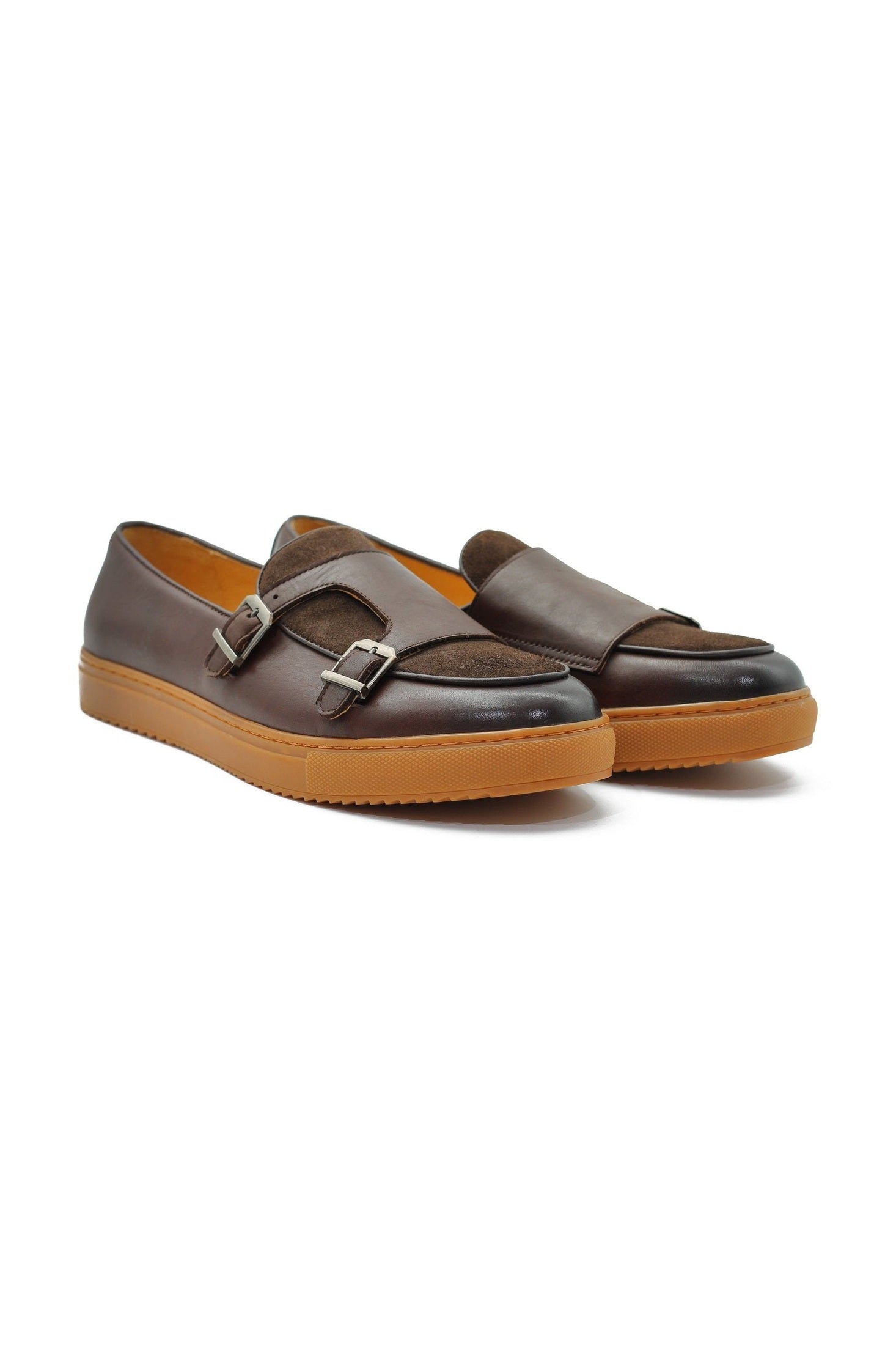 BROWN LEATHER & SUEDE DOUBLE MONK SNEAKERS