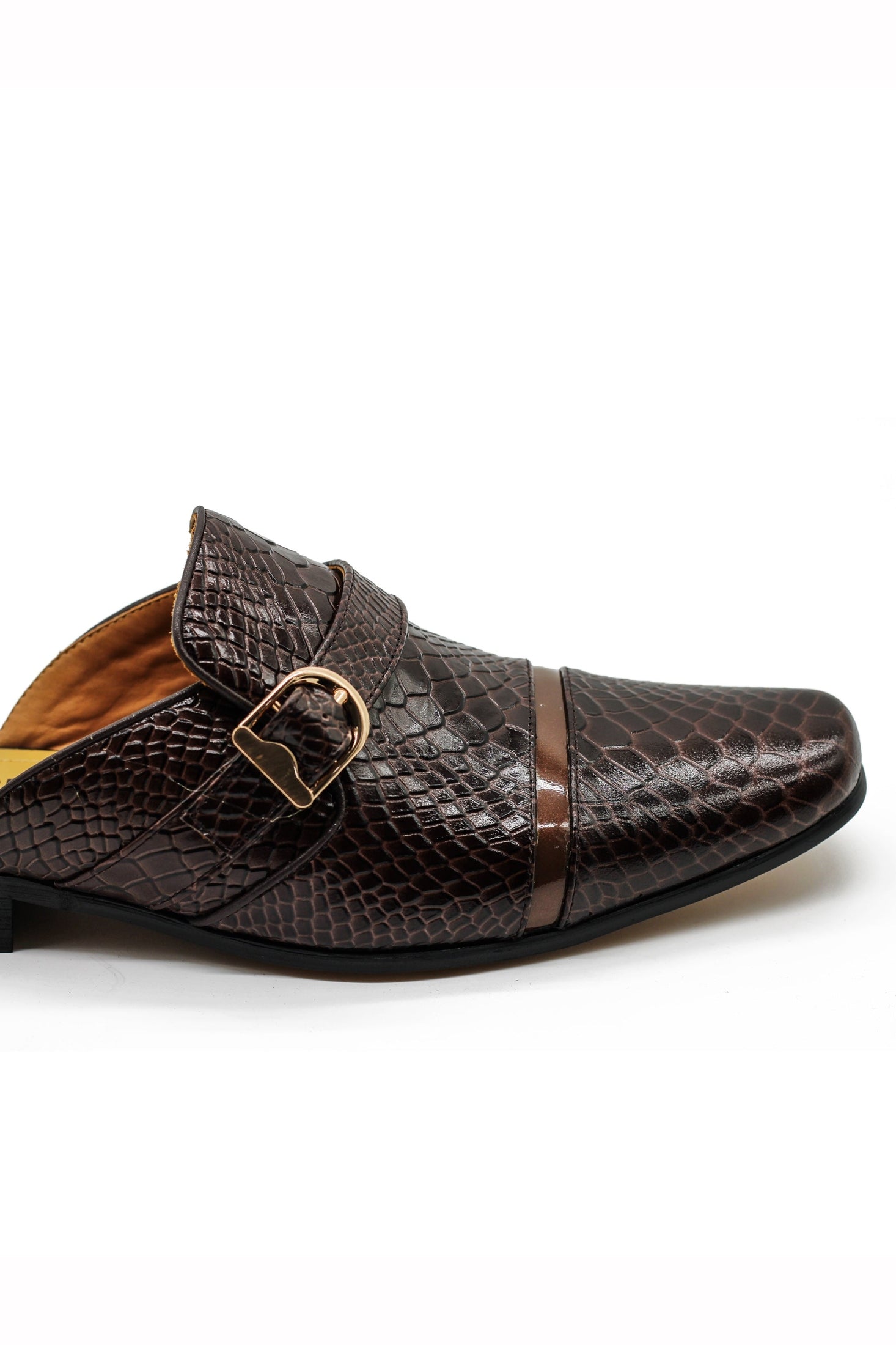 Brown Real Leather Shiny Print Half Shoes – Gold Buckle Detail