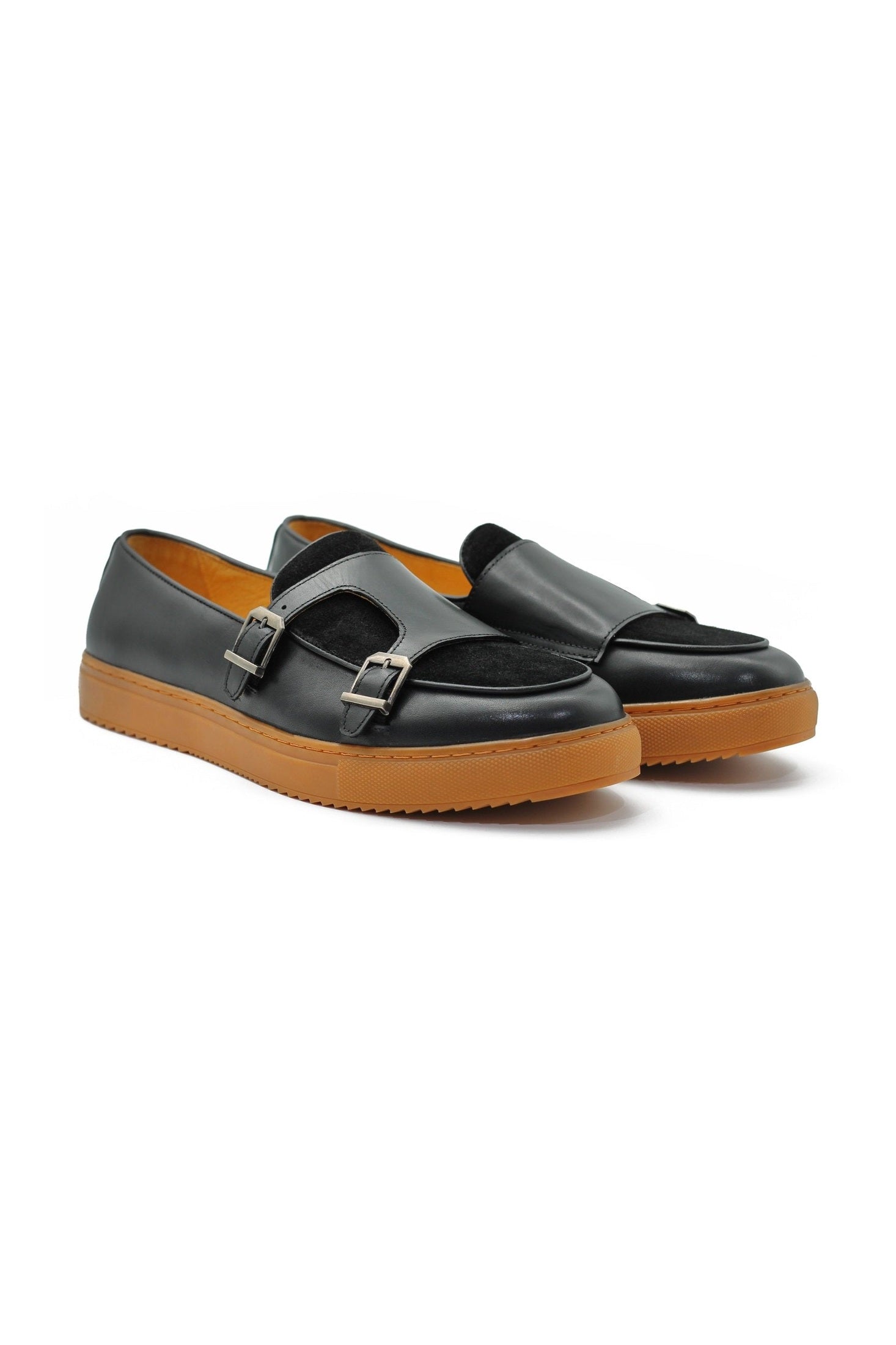 BLACK LEATHER & SUEDE DOUBLE MONK SNEAKERS