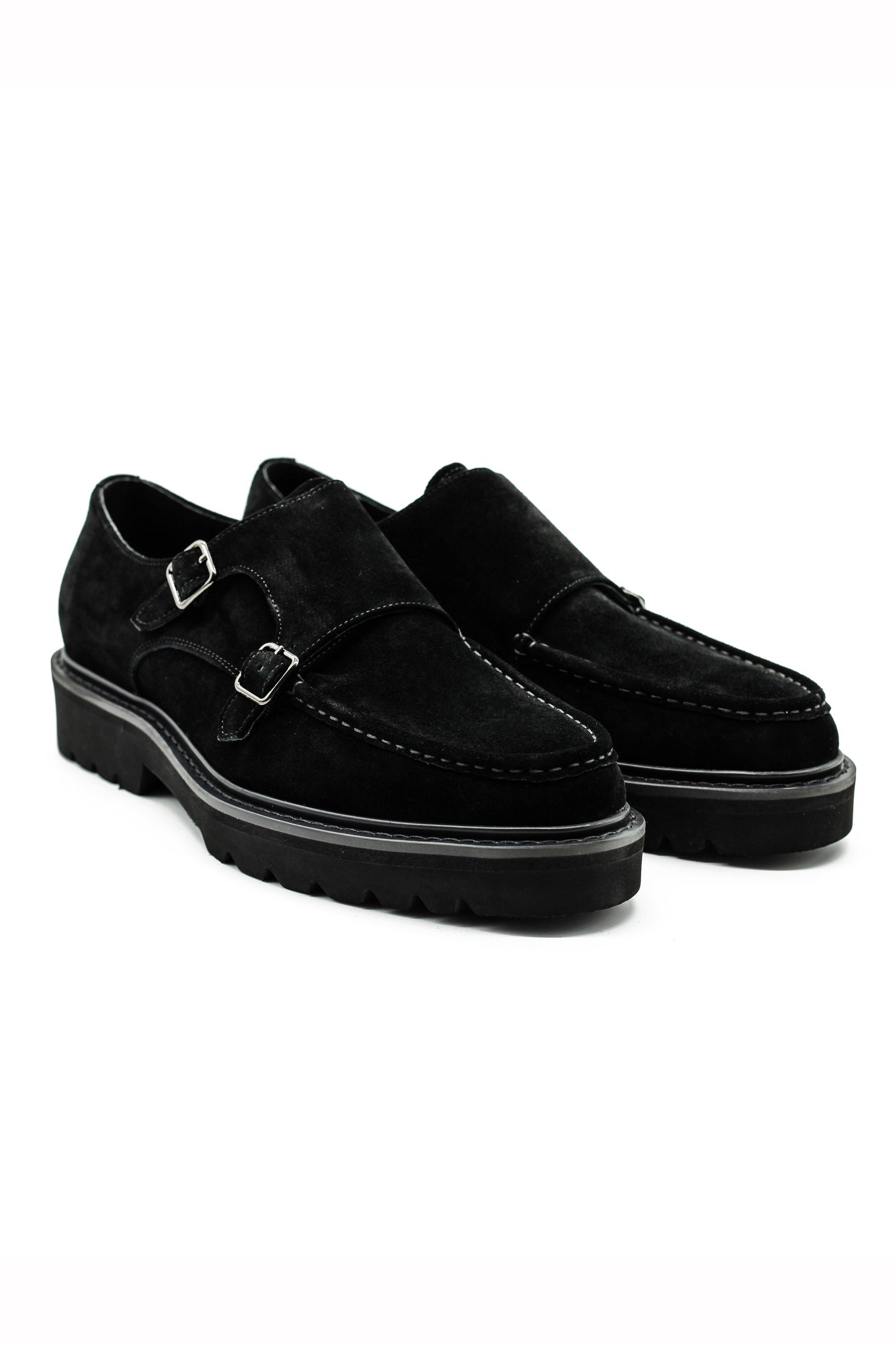 Double Buckle Suede Monk Shoes in Black