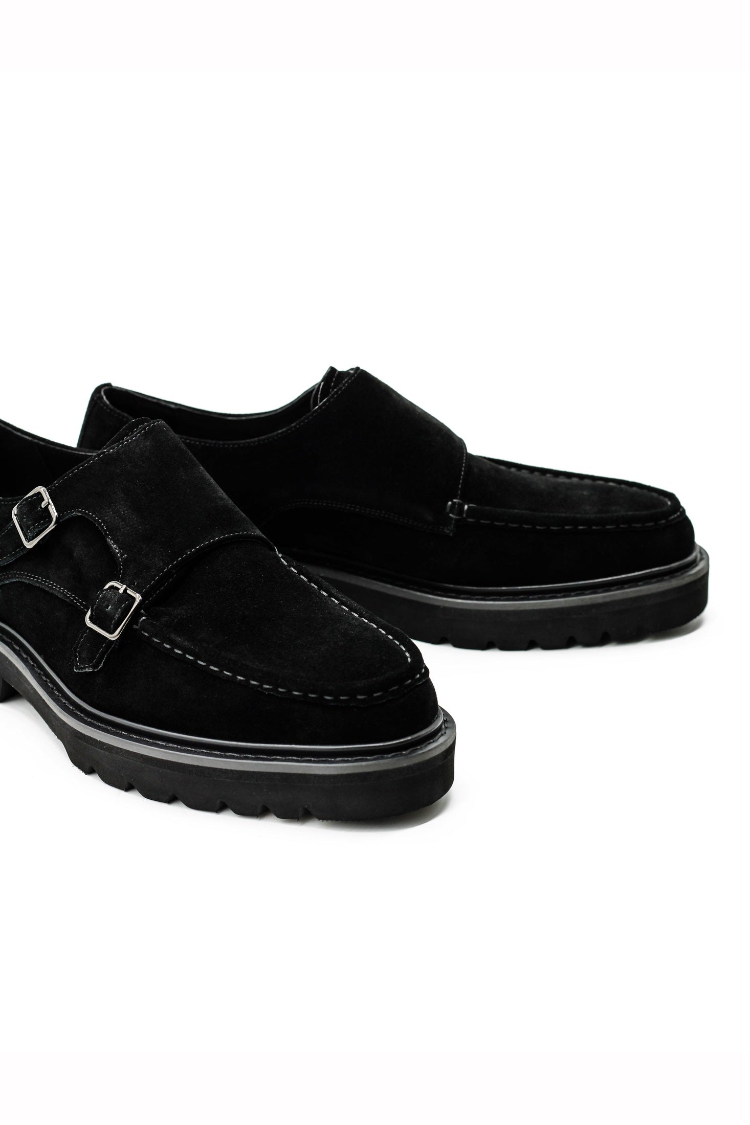 Double Buckle Suede Monk Shoes in Black
