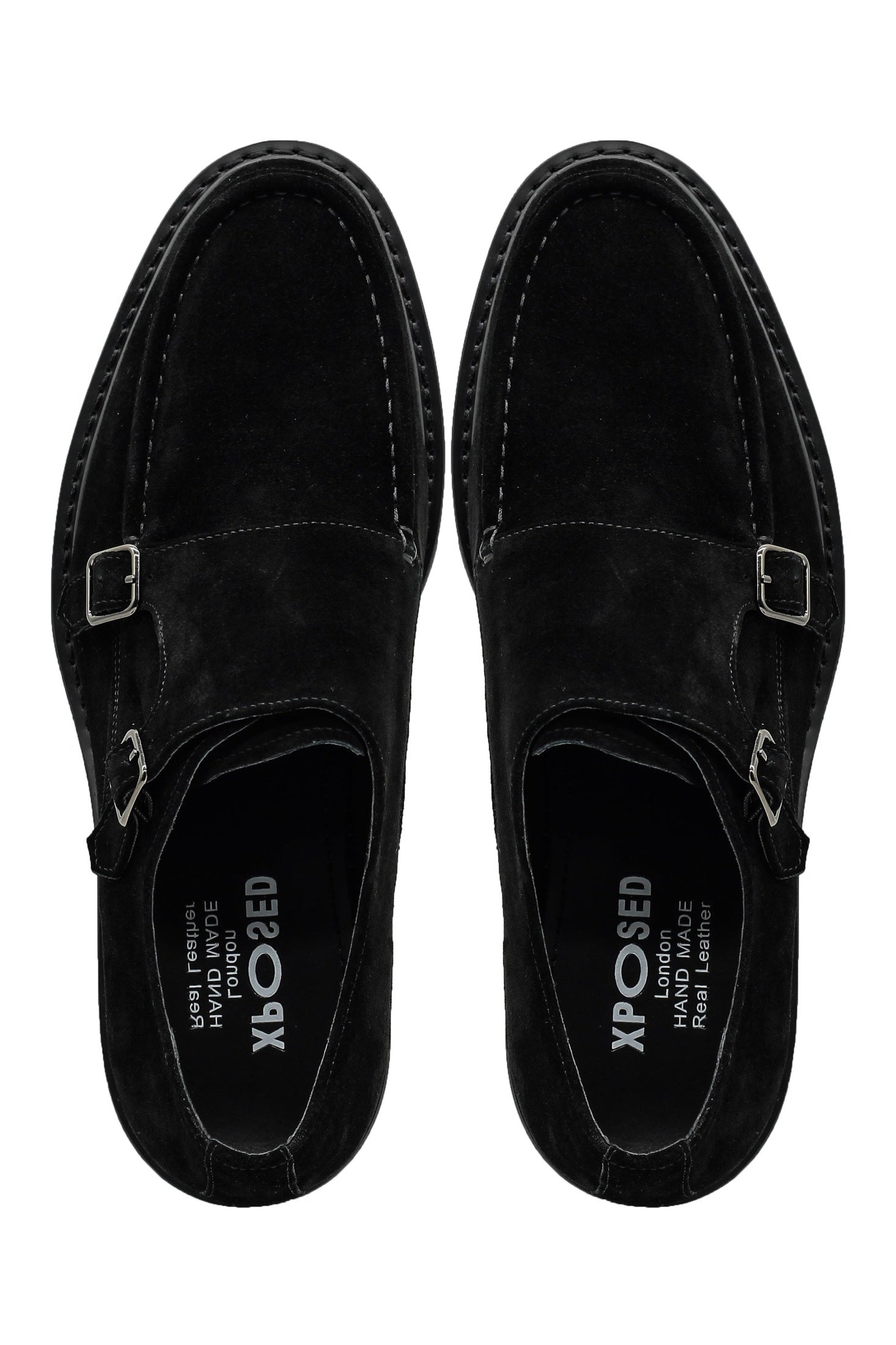 Double Buckle Suede Monk Shoes in Black