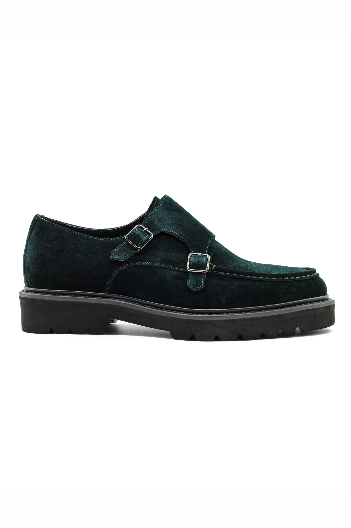 Double Buckle Green Suede Monk Shoes
