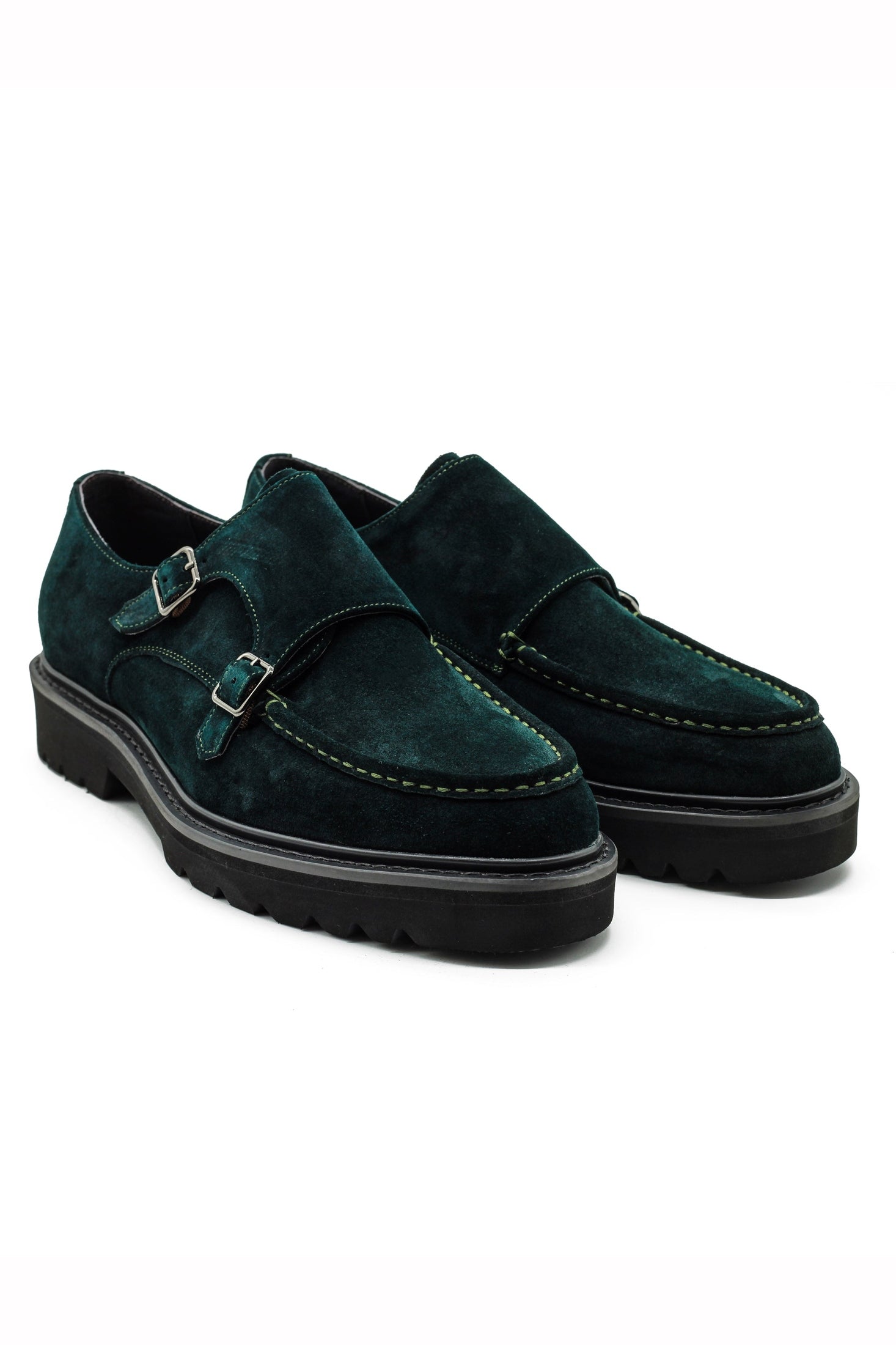 Double Buckle Green Suede Monk Shoes