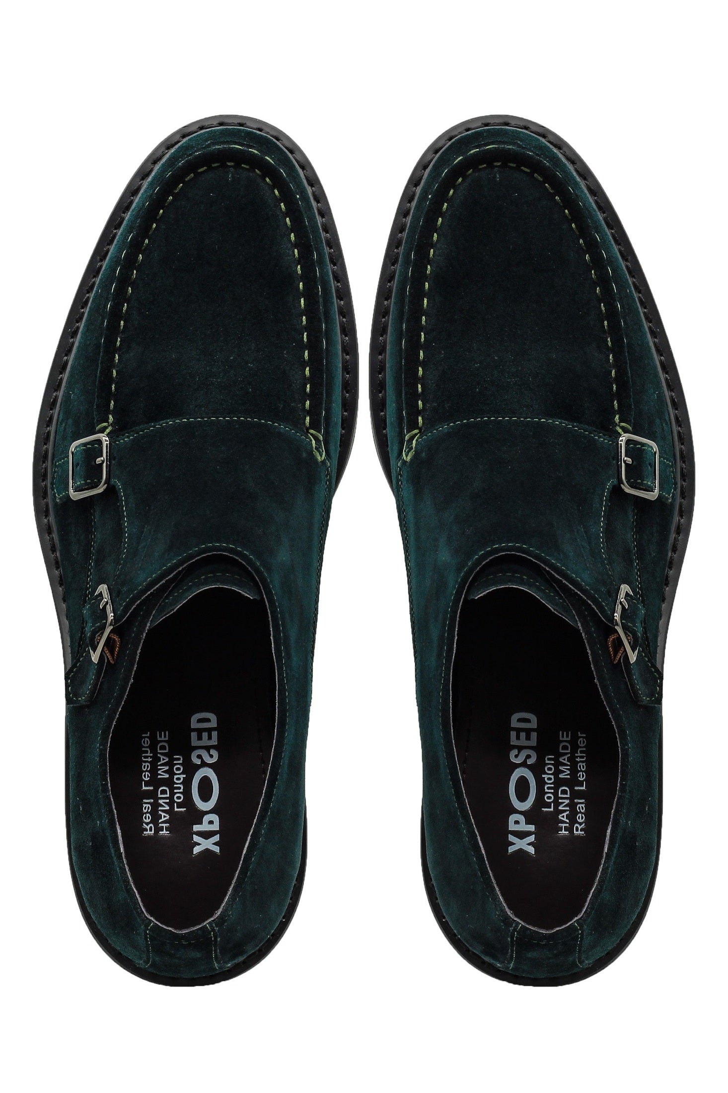 Double Buckle Green Suede Monk Shoes