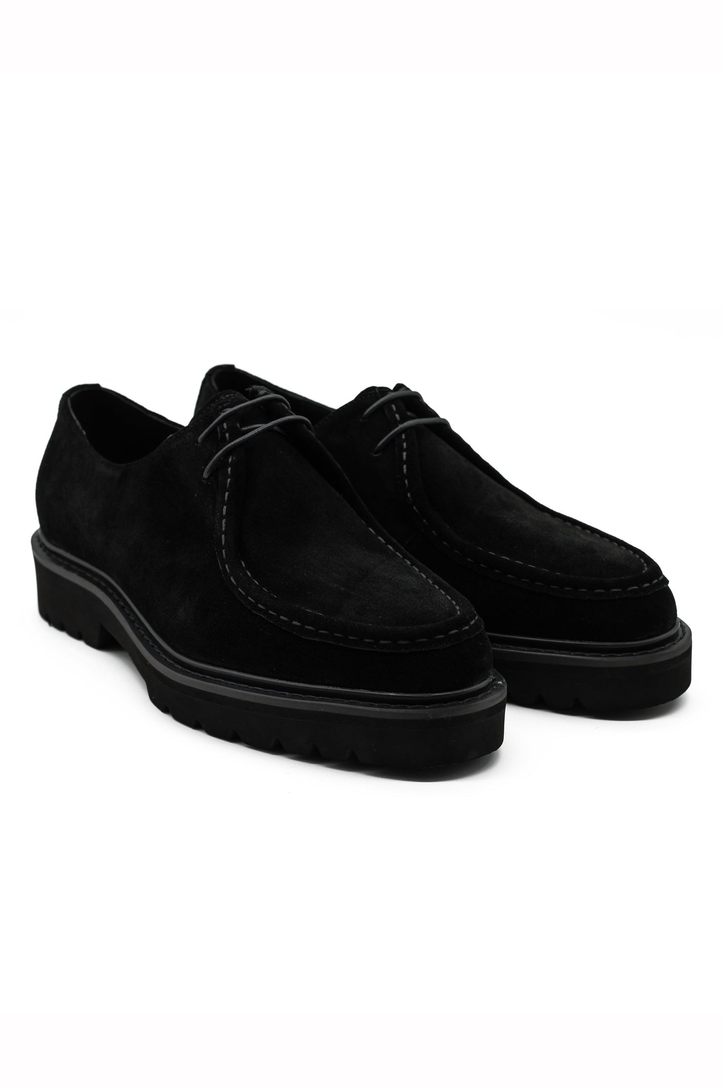 Black Suede Derby Shoes Moc Toe Chunky Sole