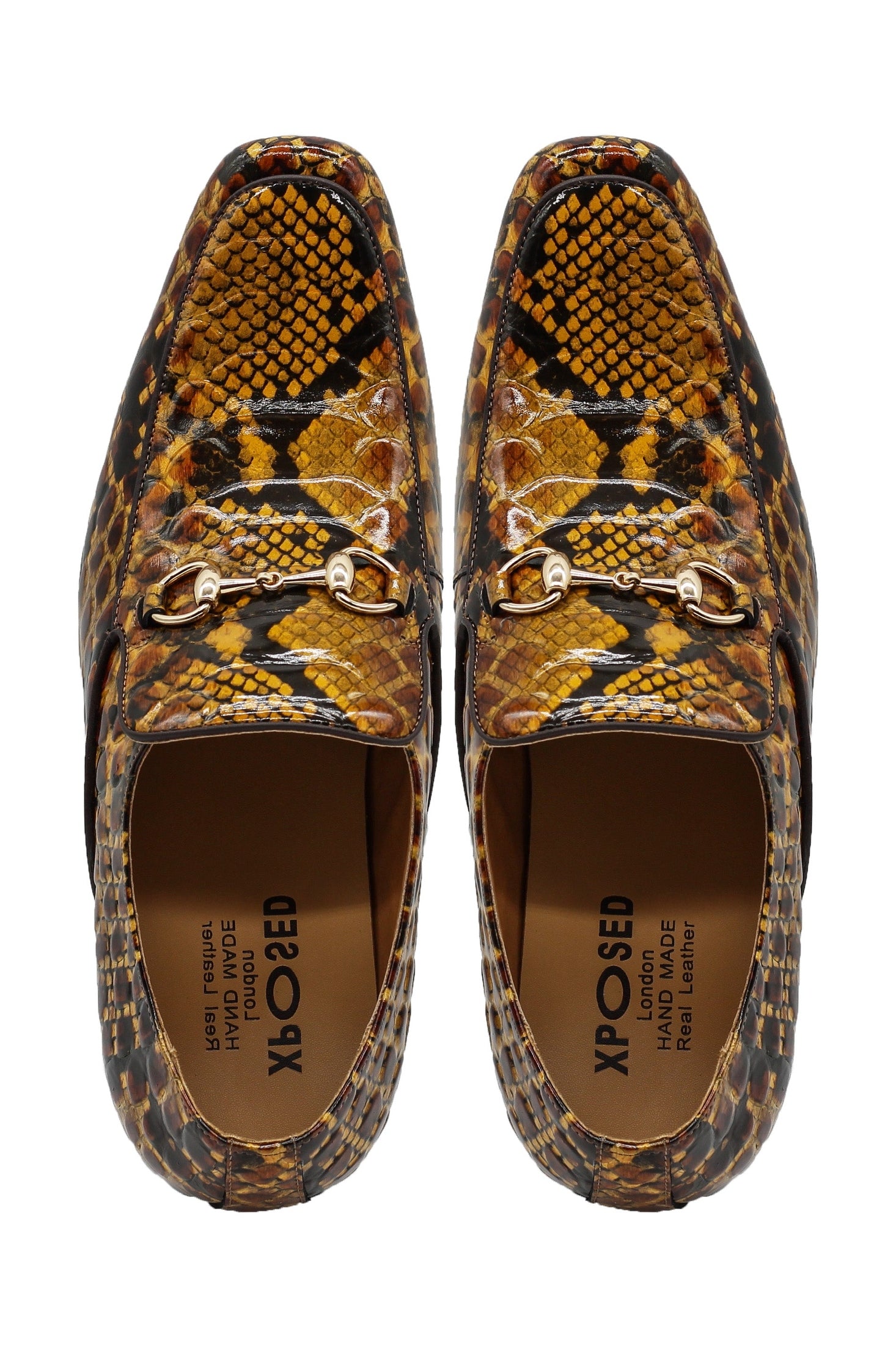 Glossy Real Leather Shoes Printed Gold Snaffle Bit Party Loafers