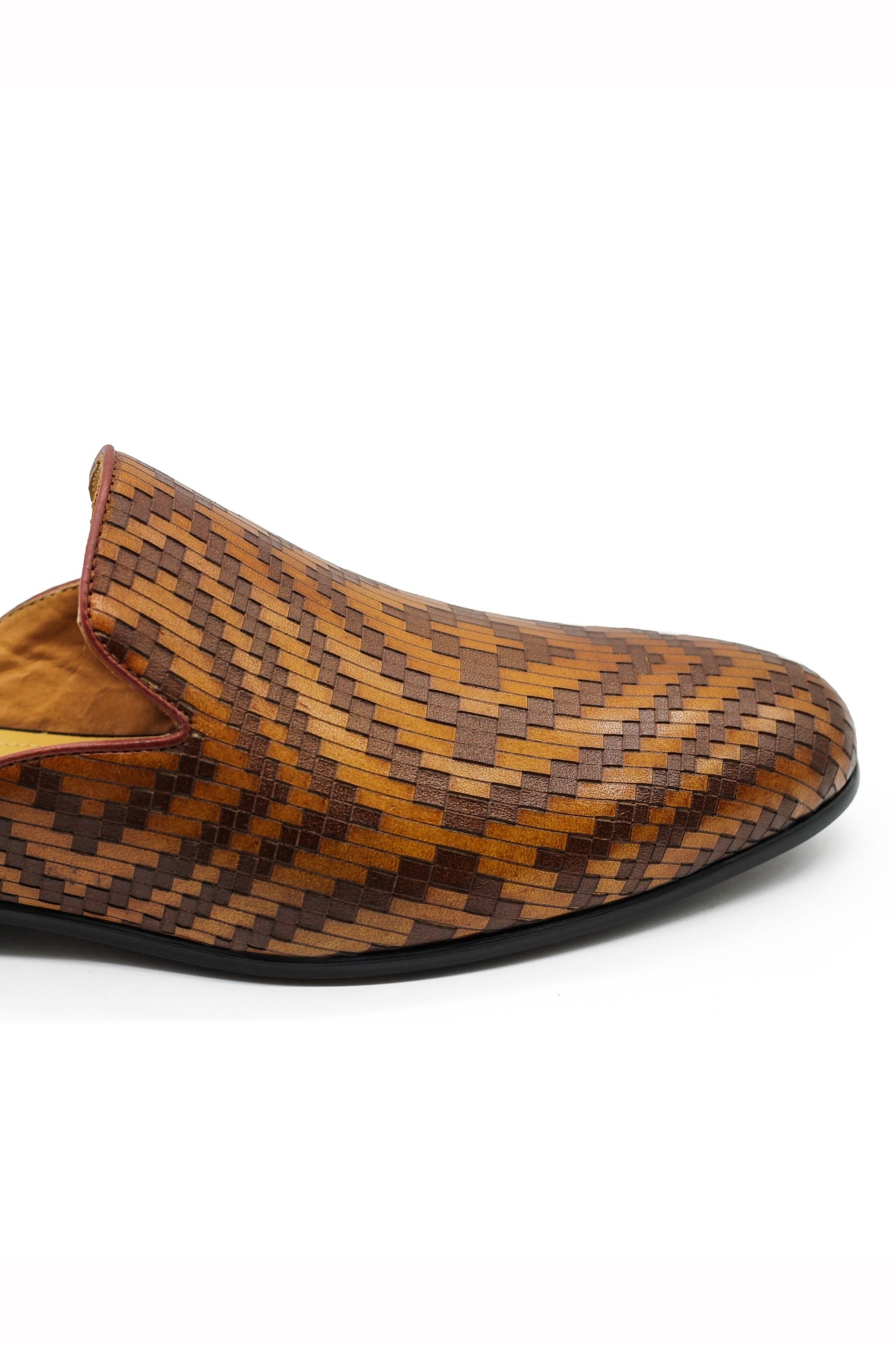 Brown Woven Embossed Leather Half Mules