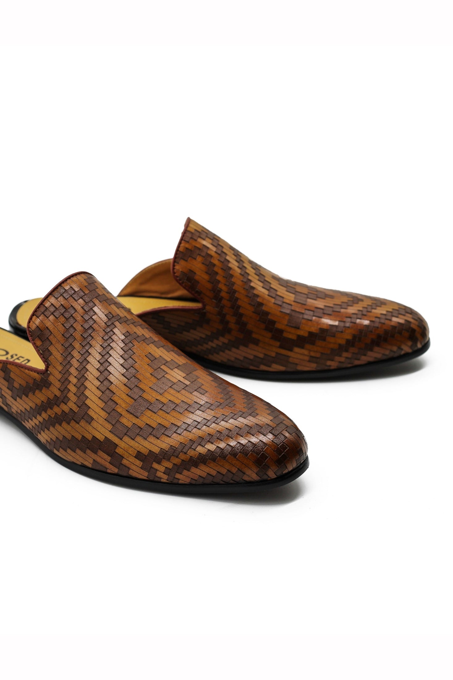 Brown Woven Embossed Leather Half Mules