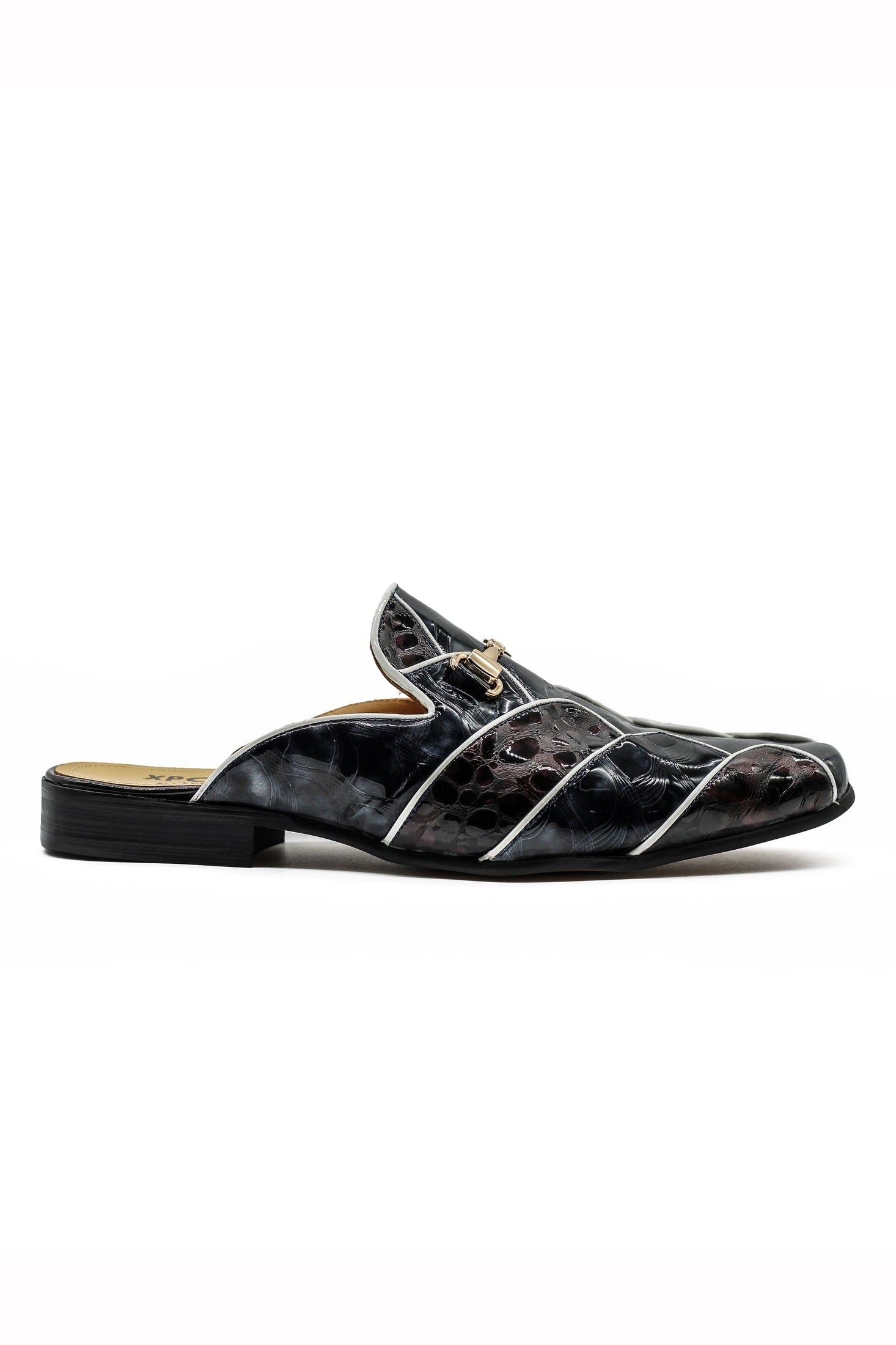 Shiny Black White Real Leather Half Shoes – Gold Buckle