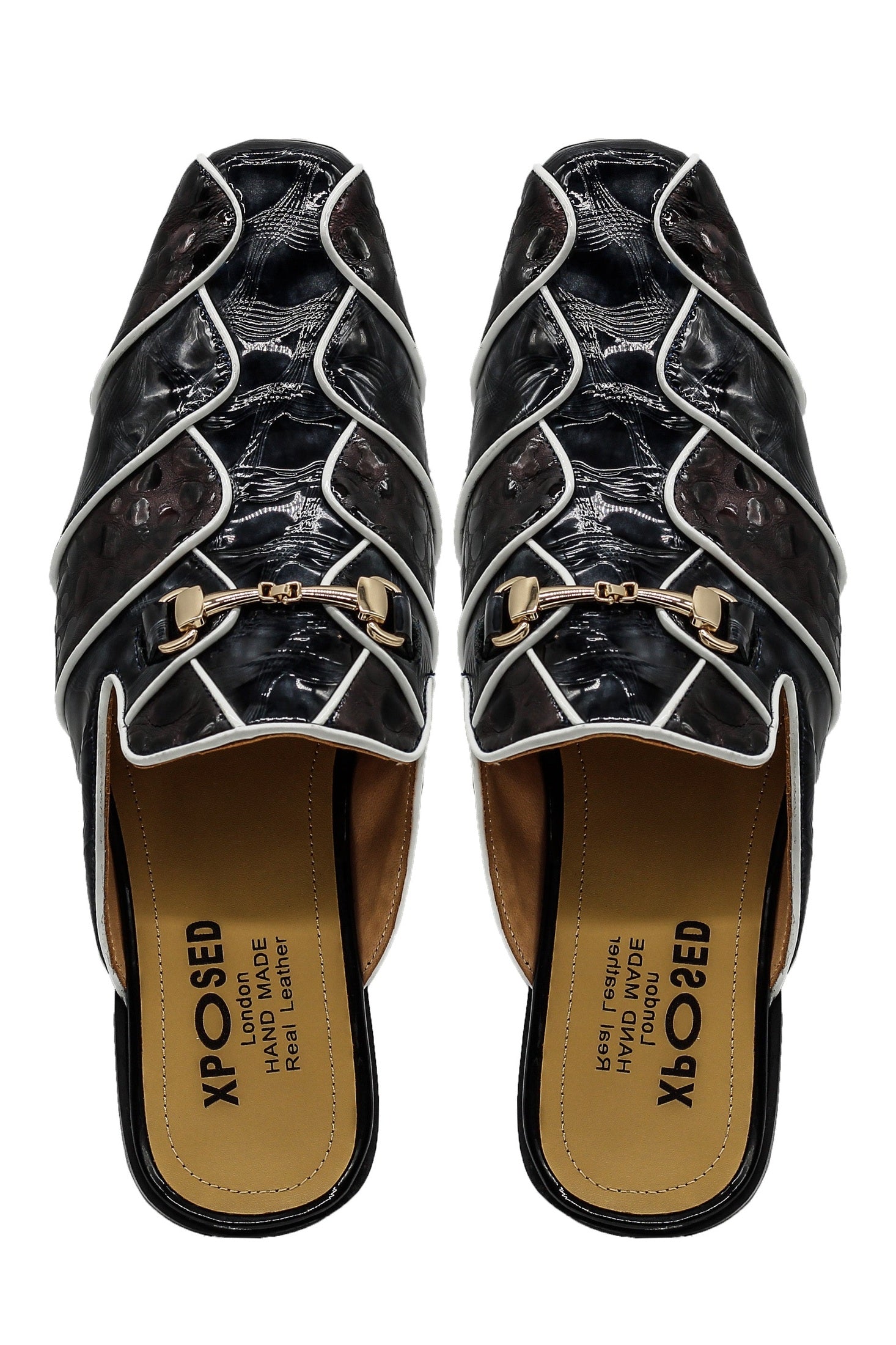 Shiny Black White Real Leather Half Shoes – Gold Buckle