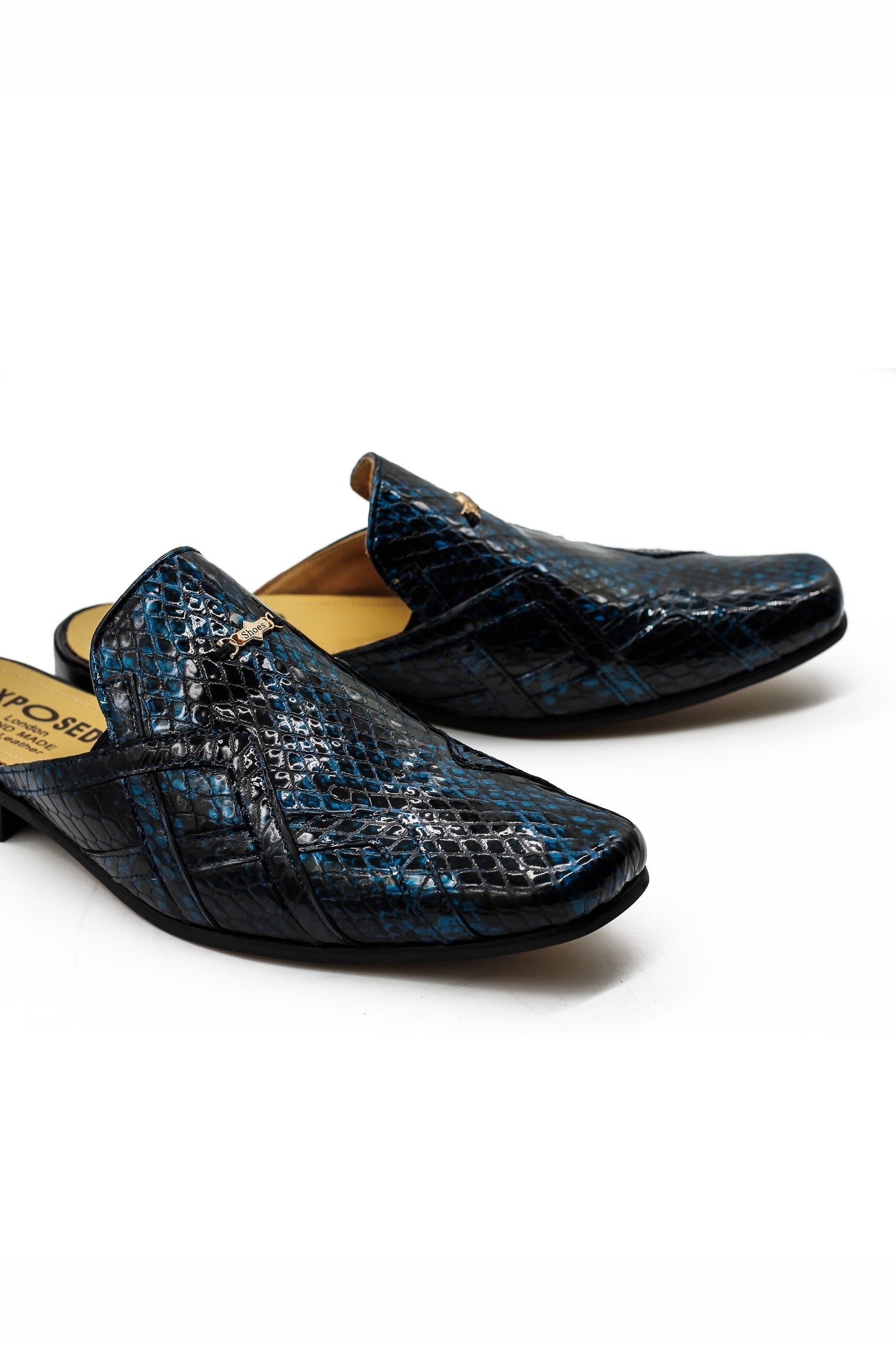 Shiny Patent Real Leather Printed Half Shoes in Blue