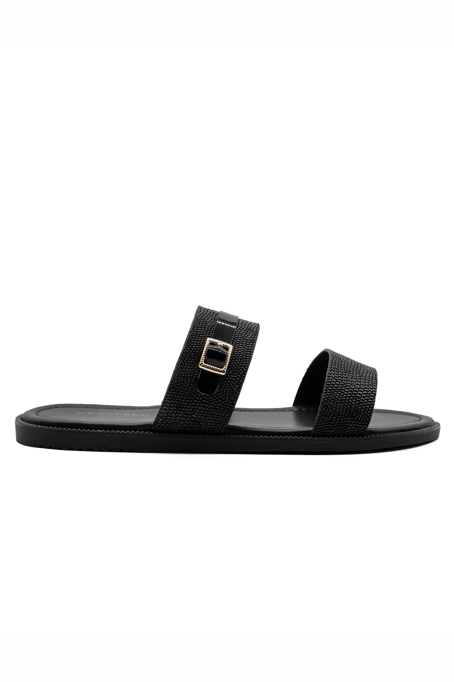 Black Shiny Real Leather Strap Sandals