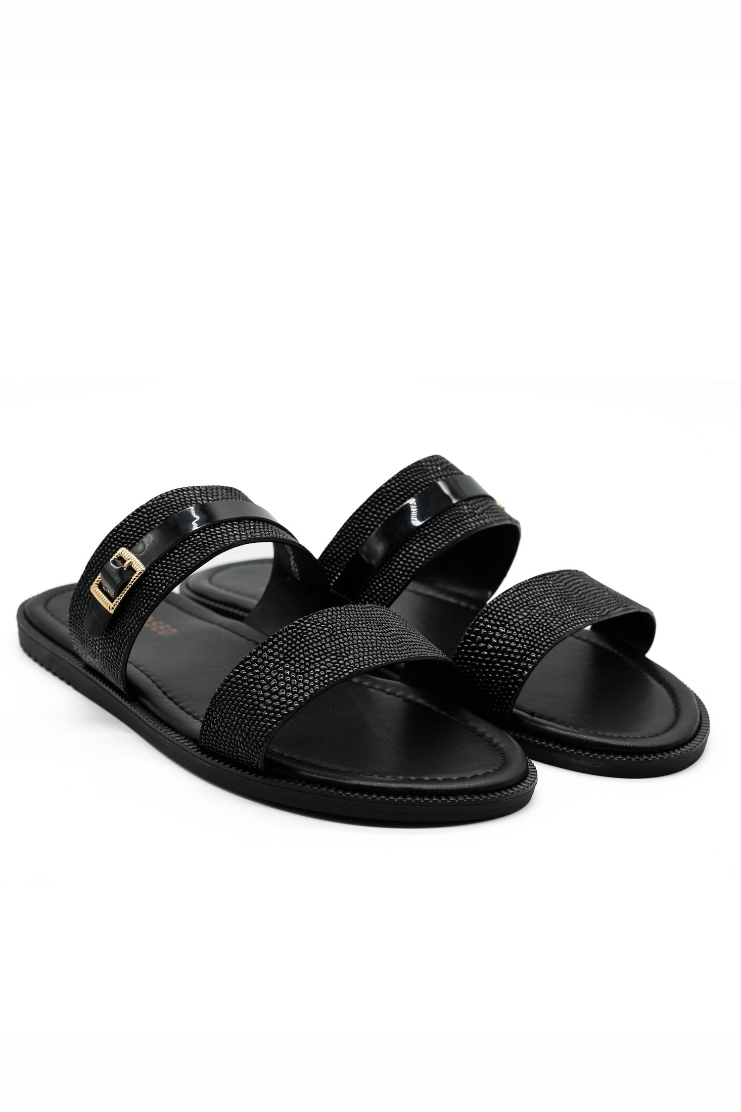 Black Shiny Real Leather Strap Sandals