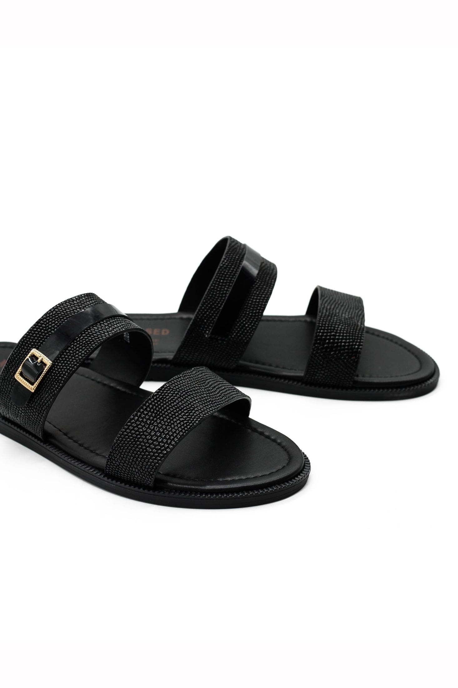Black Shiny Real Leather Strap Sandals