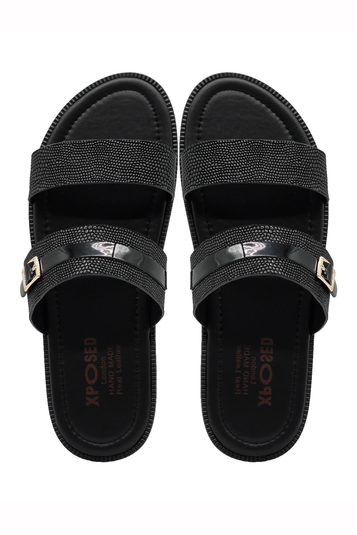 Black Shiny Real Leather Strap Sandals