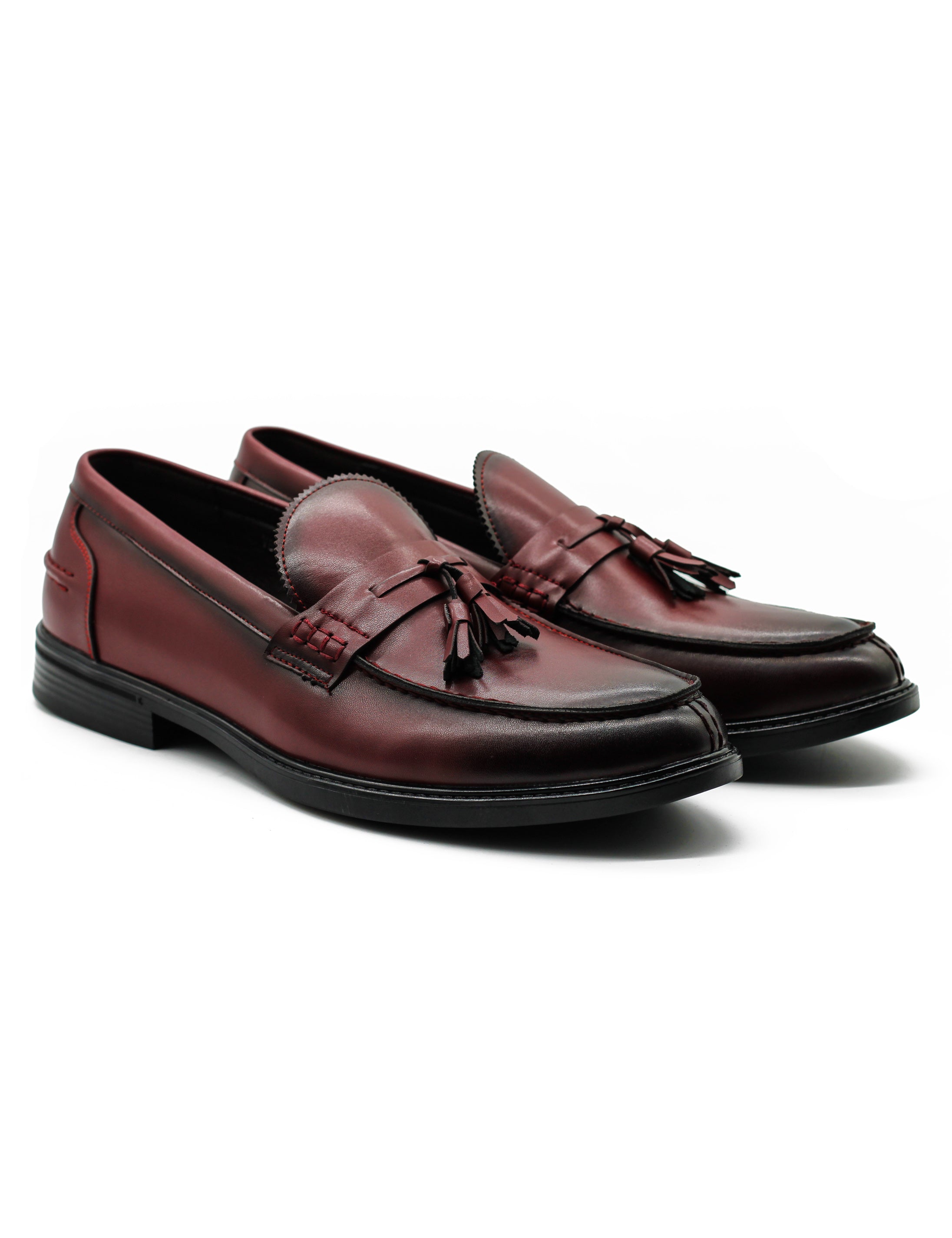 Burgundy Faux Leather Tassel Loafers Retro Slip-On Dress Shoes