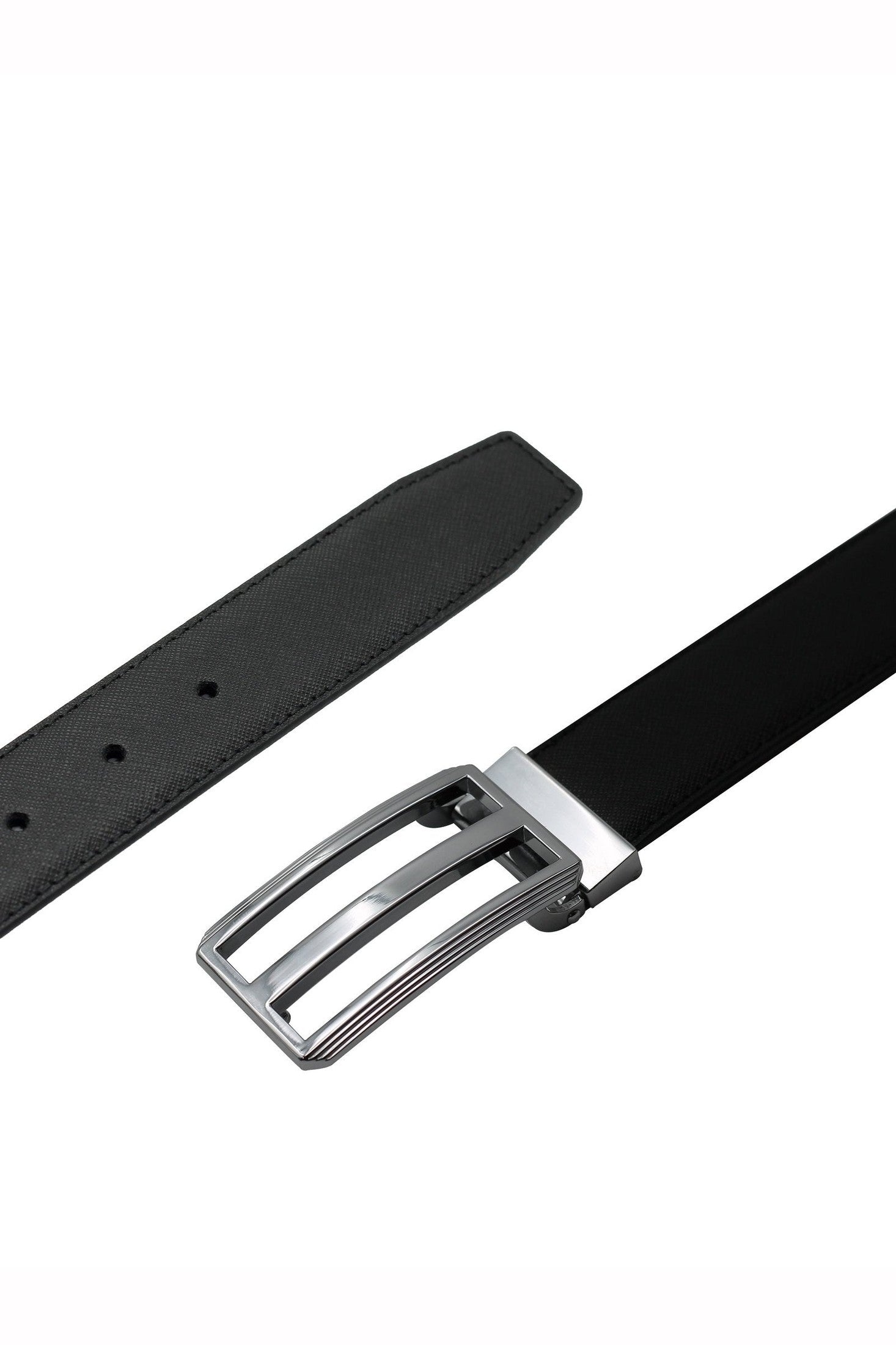 BLACK TEXTURED LEATHER PIN BUCKLE REVERSIBLE BELT