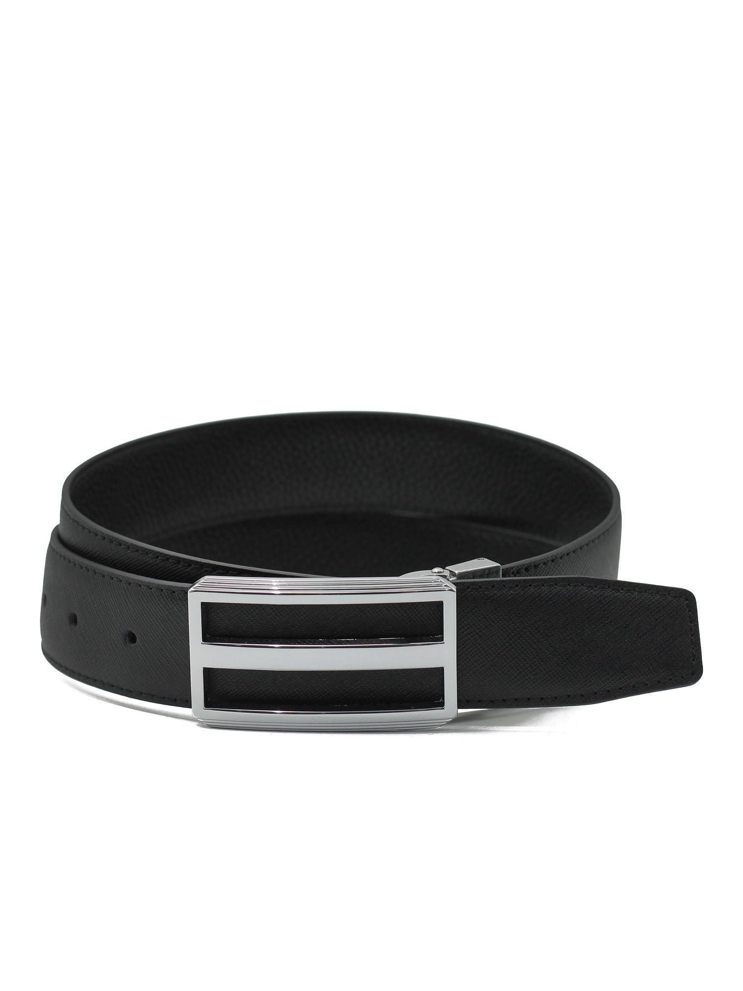 BLACK TEXTURED LEATHER PIN BUCKLE REVERSIBLE BELT