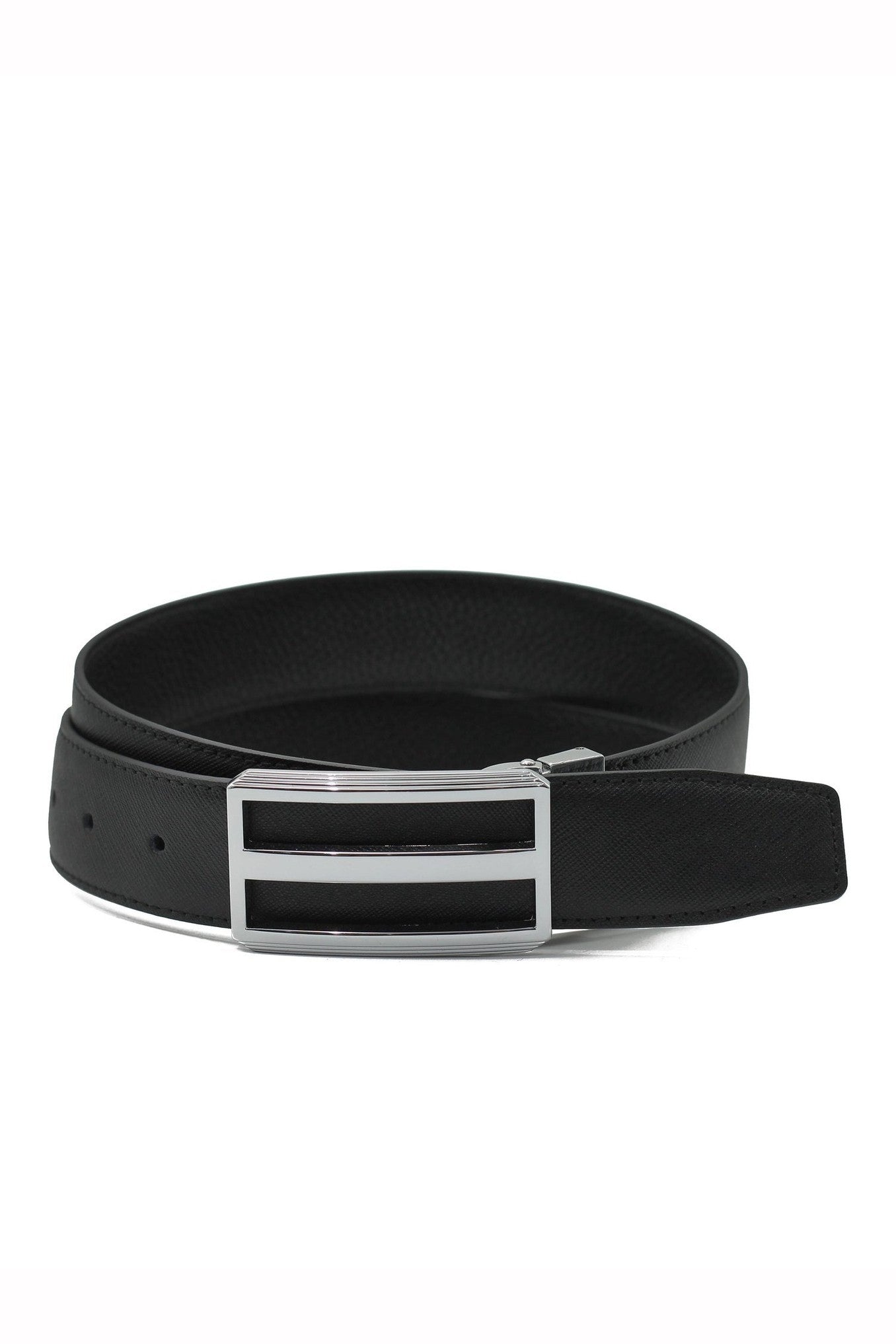 BLACK TEXTURED LEATHER PIN BUCKLE REVERSIBLE BELT