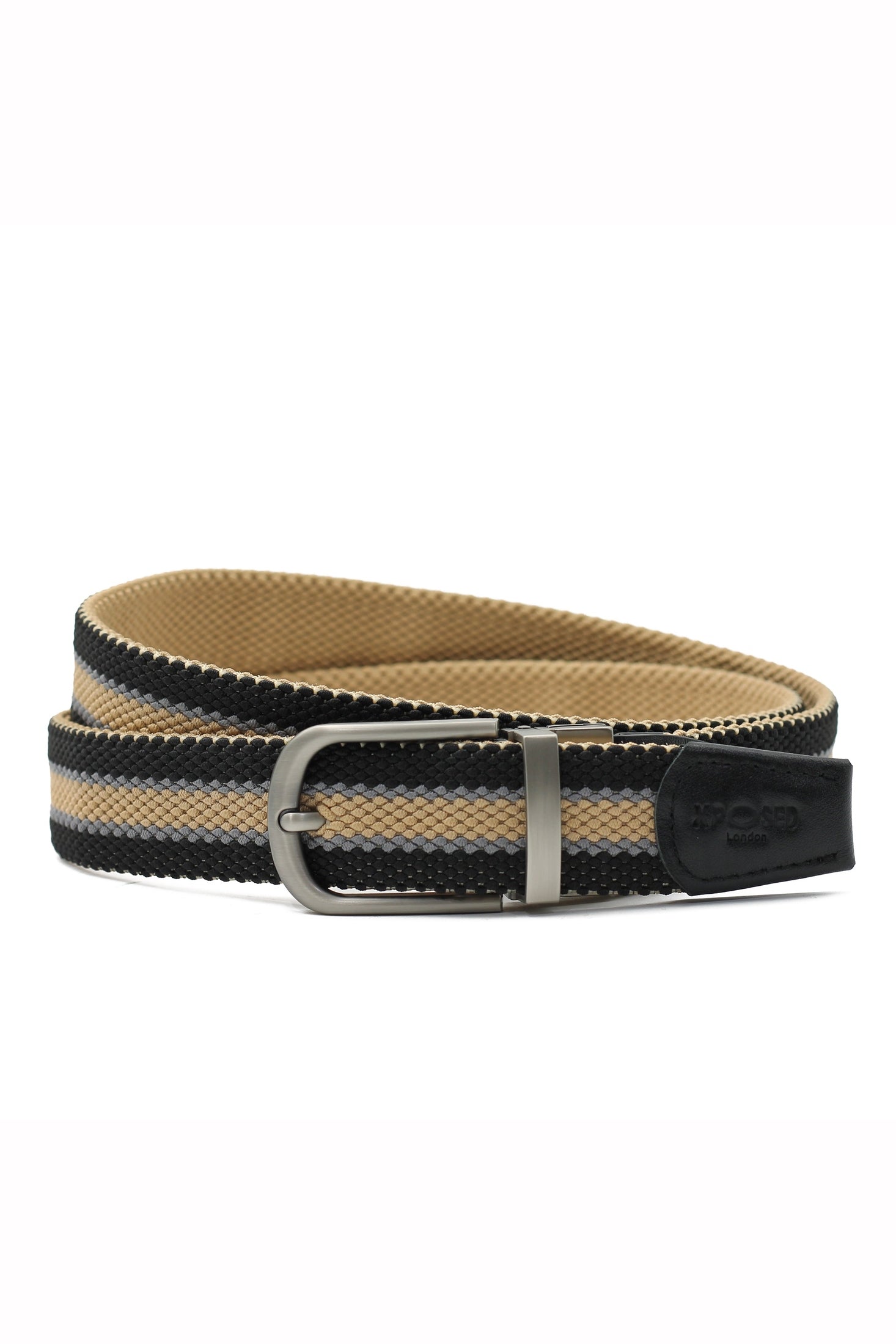BLACK & TAN STRIPE REVERSIBLE STRETCH BELT