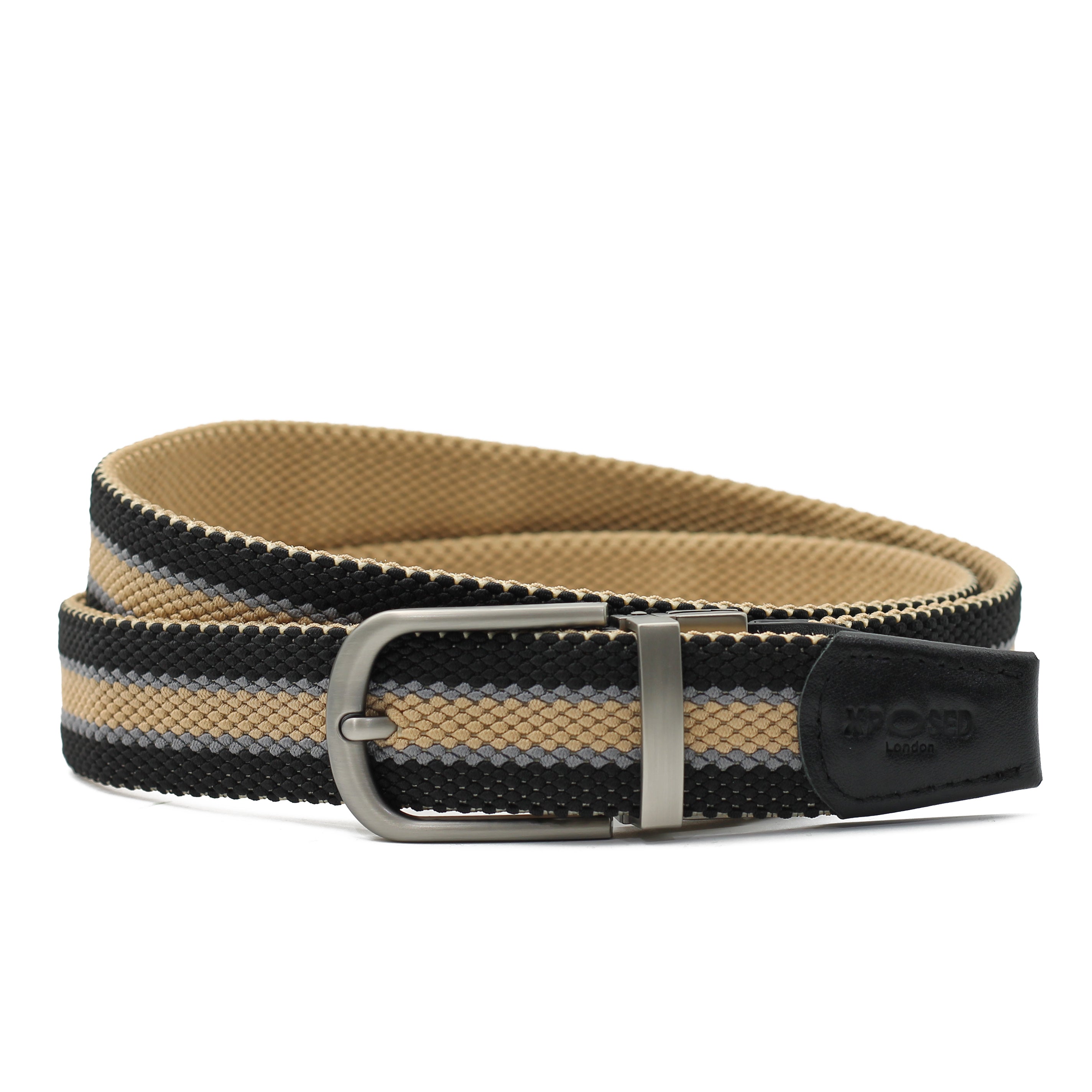 BLACK & TAN STRIPE REVERSIBLE STRETCH BELT