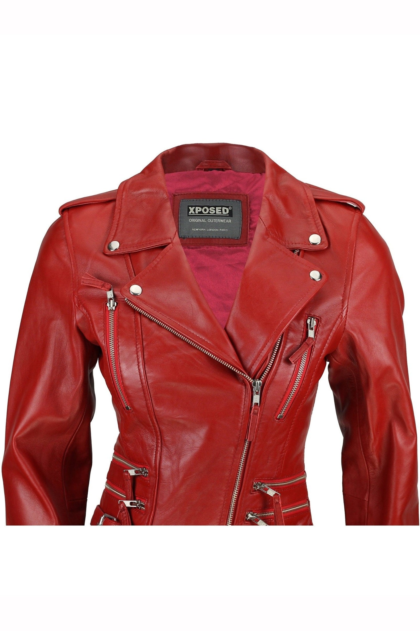 Red Real Leather Fitted Vintage Biker Style Zip Buckle Jacket