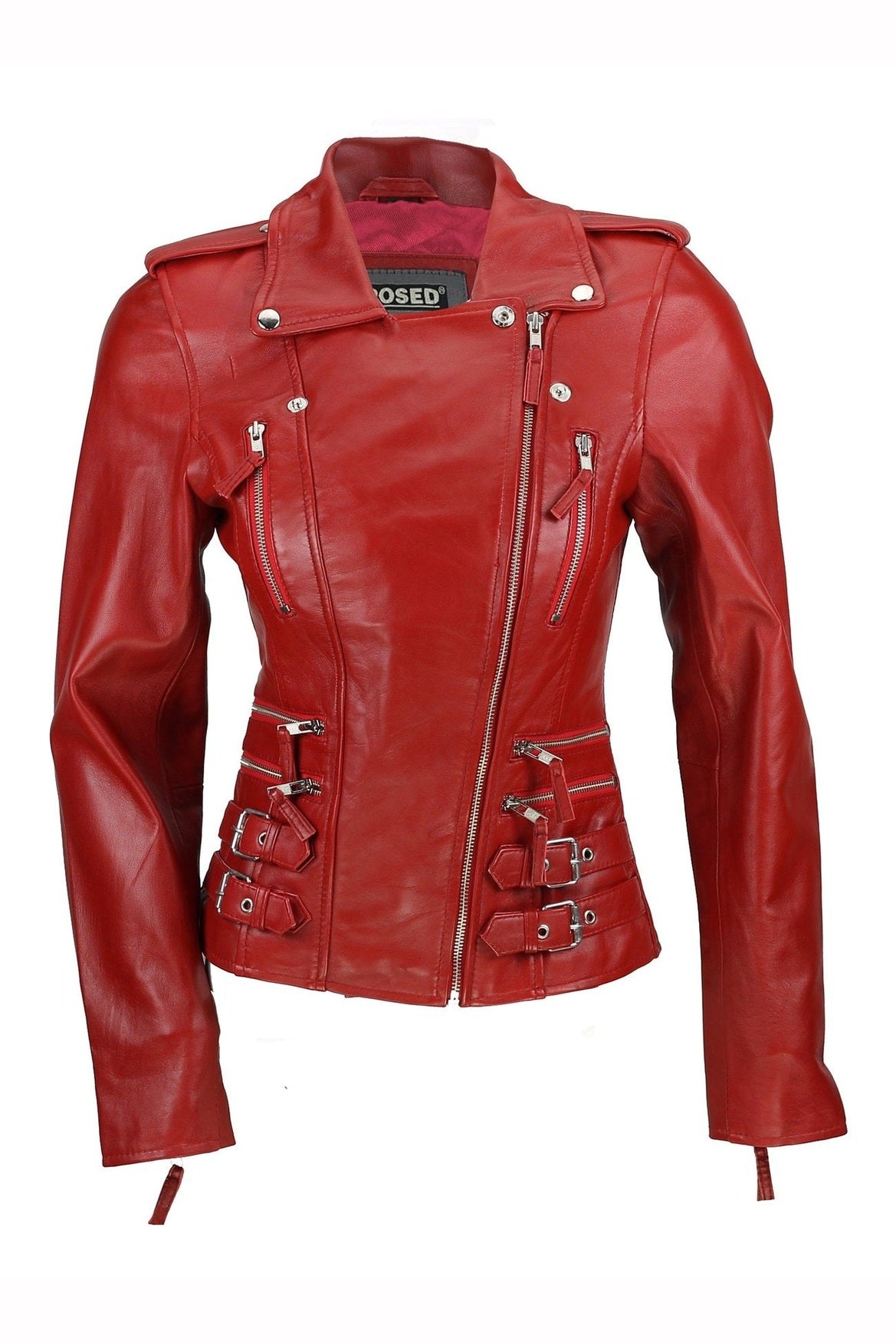 Red Real Leather Fitted Vintage Biker Style Zip Buckle Jacket