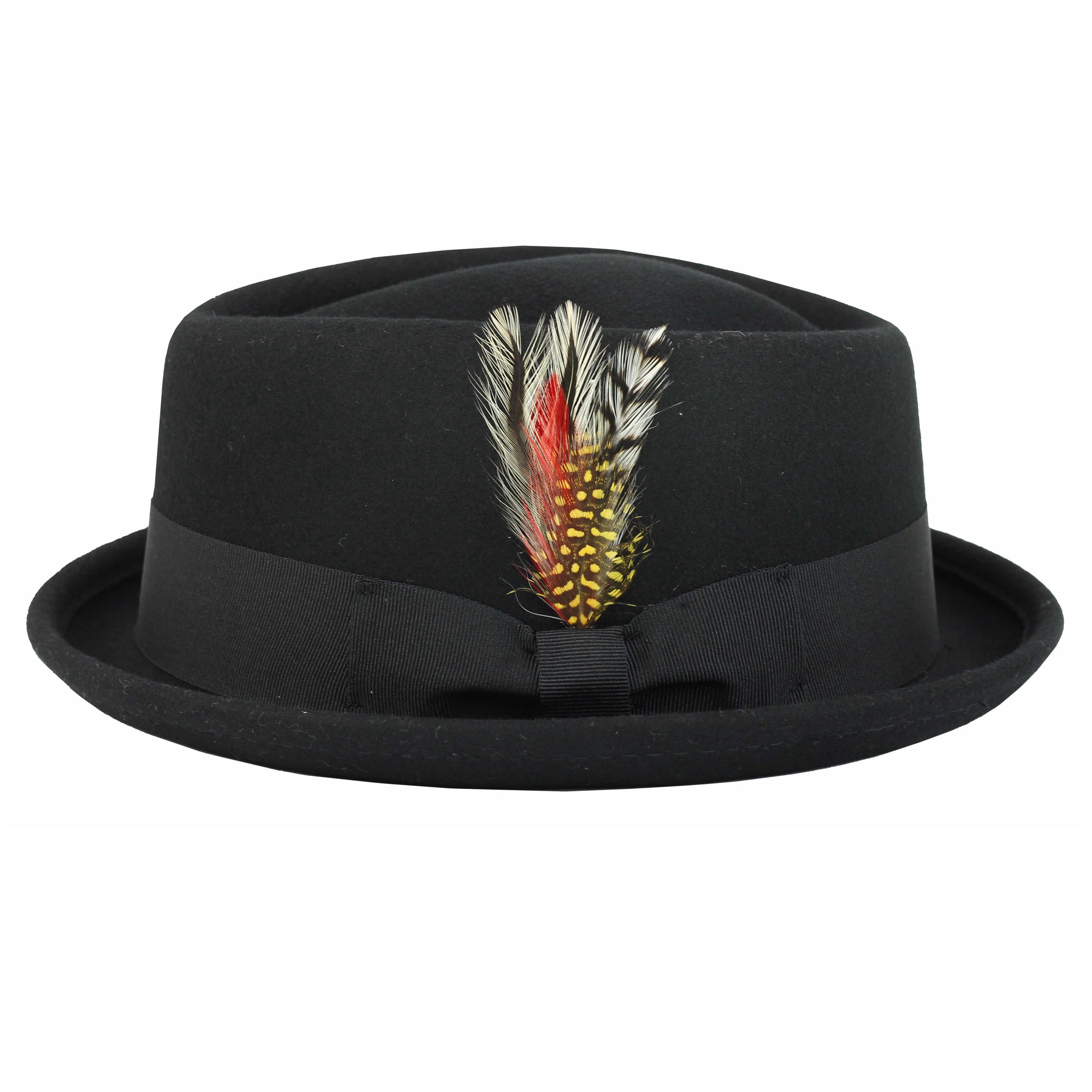 Pork Pie Black Hat 100% Wool Felt Diamond Shape Crown - DC-310