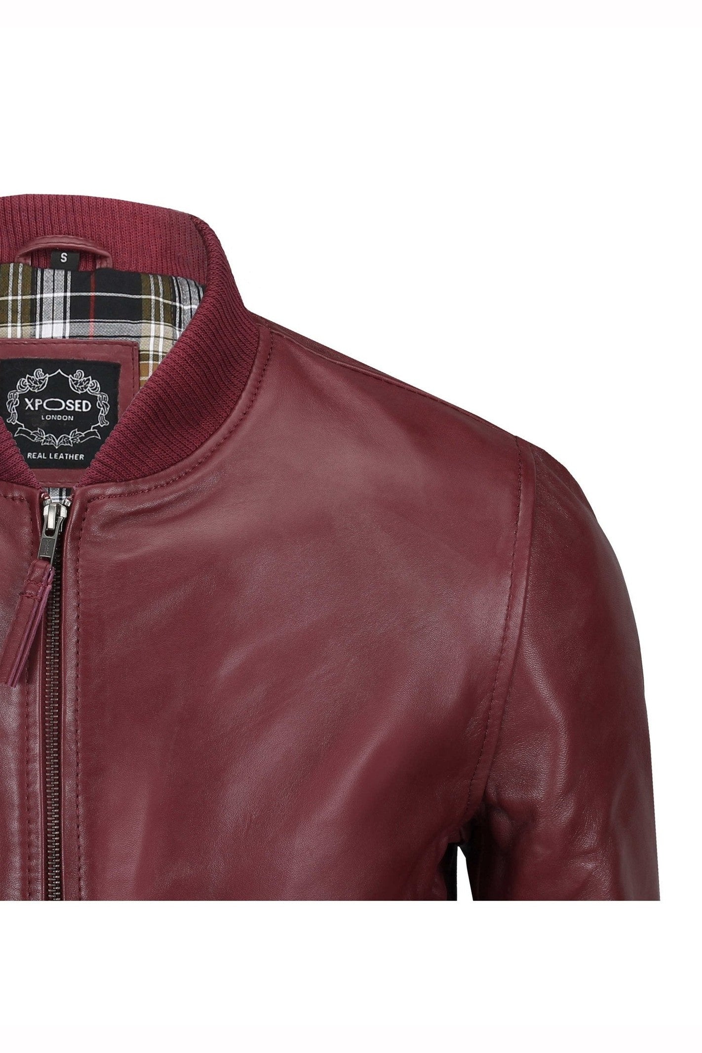 BOMBER NO COLLAR MAROON LEATHER JACKET